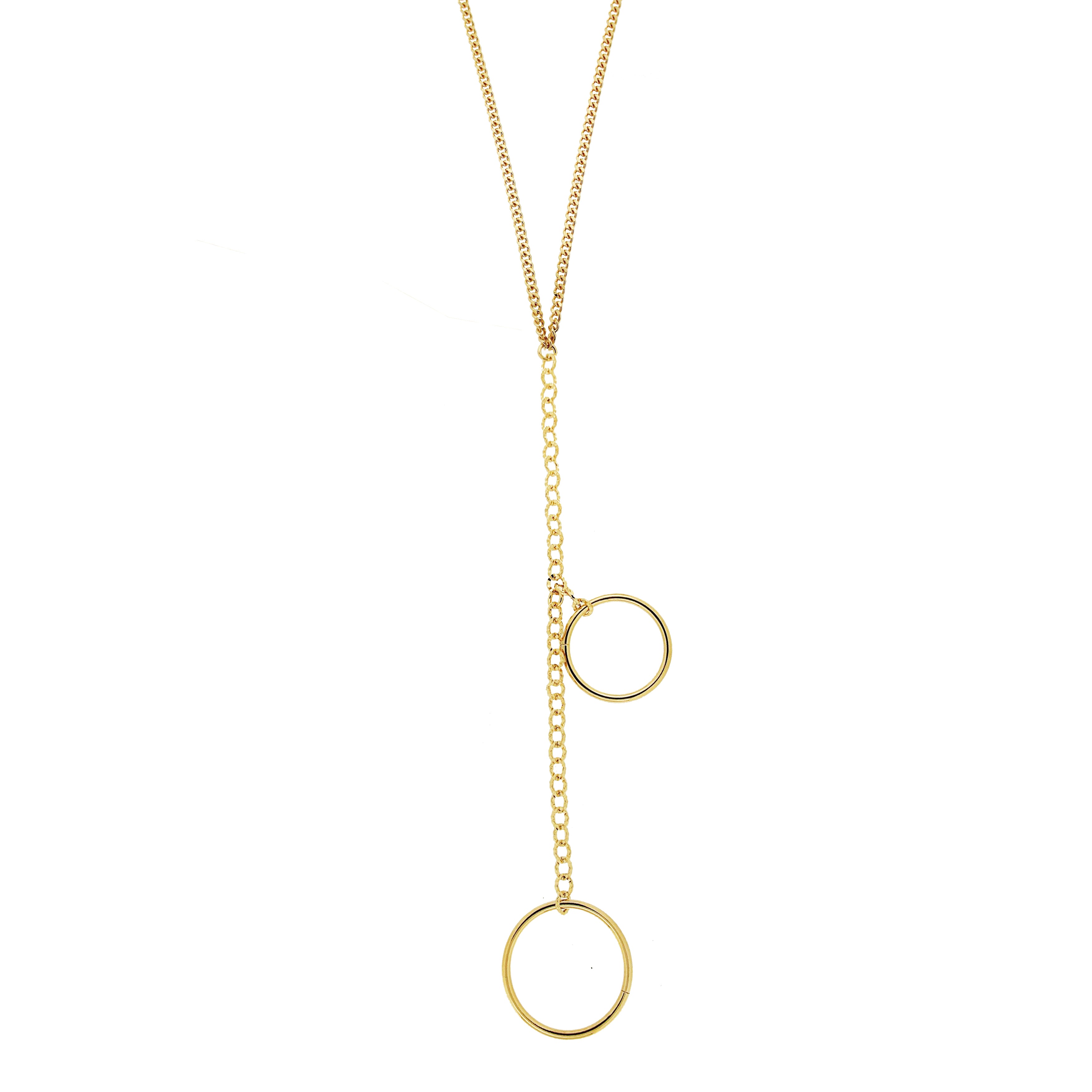 A stylish gold pendant necklace featuring a minimalist design. The necklace consists of a delicate chain with two interlinked circular pendants hanging at varying lengths. The larger pendant is at the bottom, while a smaller one is positioned higher up, creating a modern and elegant aesthetic. This piece is perfect for layering or wearing alone to add a touch of sophistication to any outfit.
