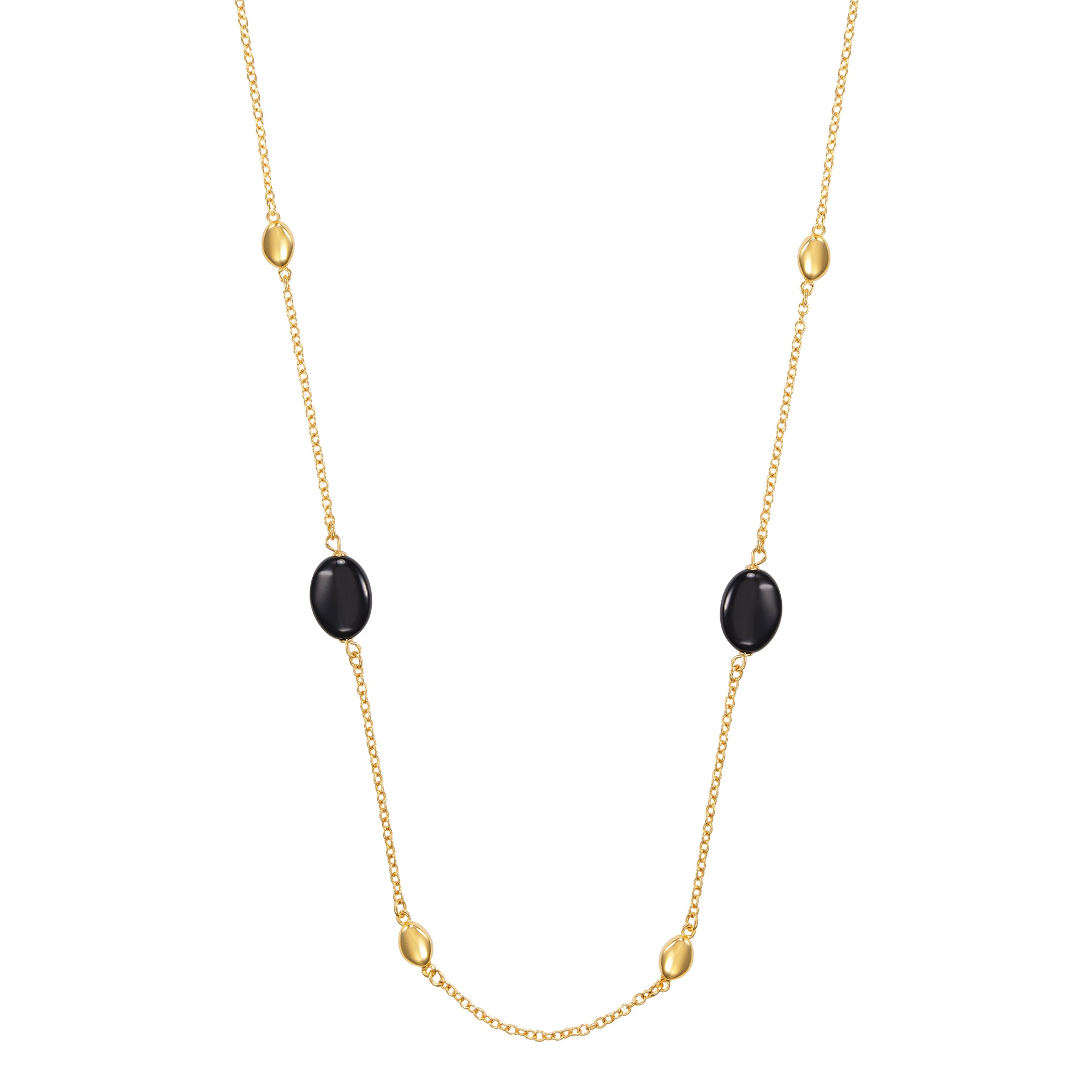 Gold necklace with a delicate chain and oval-shaped black and gold accents.