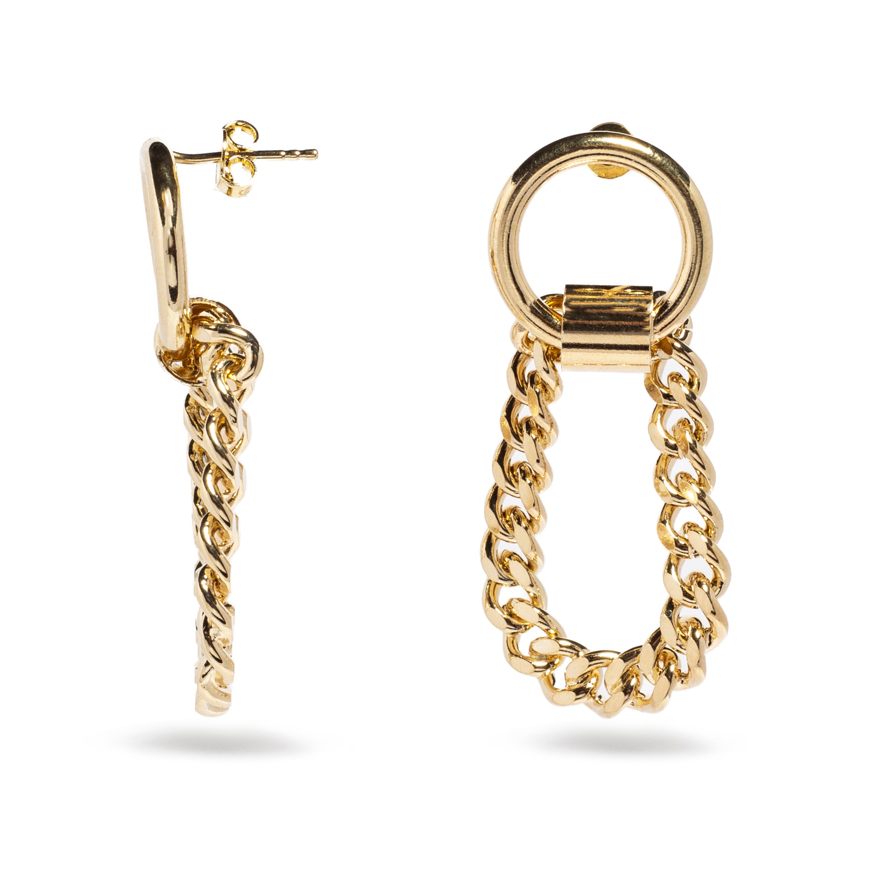 A stylish pair of gold-tone earrings featuring a unique design that combines a classic hoop and chain elements. The earrings consist of a small, round hoop attached to a decorative chain link that connects to a larger circular ring. The chain adds a modern twist to the traditional hoop style, creating an eye-catching accessory suitable for both casual and formal occasions. The overall finish is shiny, highlighting the elegance and contemporary flair of these earrings.