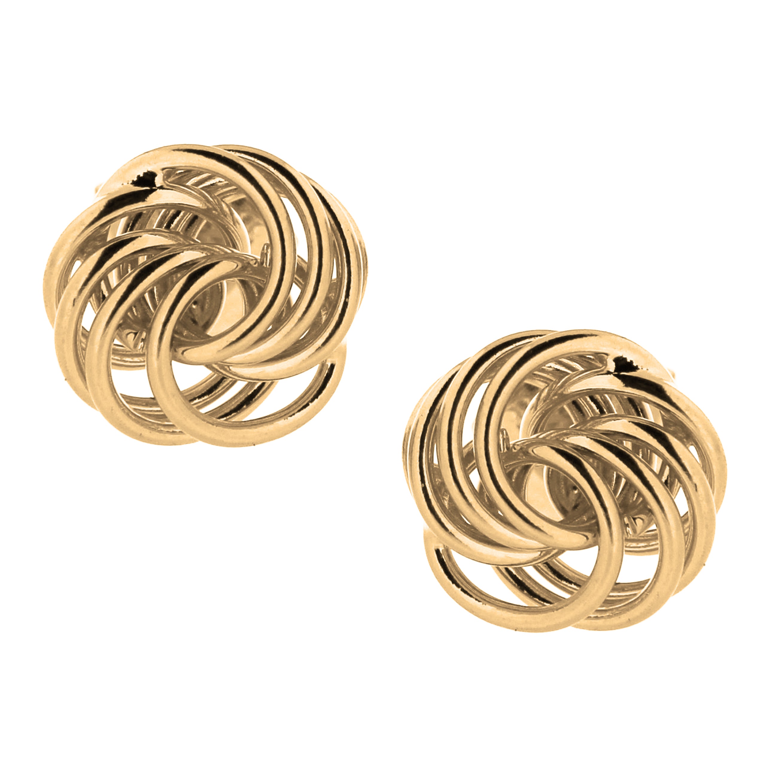 A pair of striking gold earrings featuring a unique intertwined design. Each earring showcases multiple loops that create a captivating, spherical shape. The polished finish enhances the earrings' shine, making them an eye-catching accessory. Ideal for both casual and formal occasions, these earrings add a touch of elegance and sophistication to any outfit.