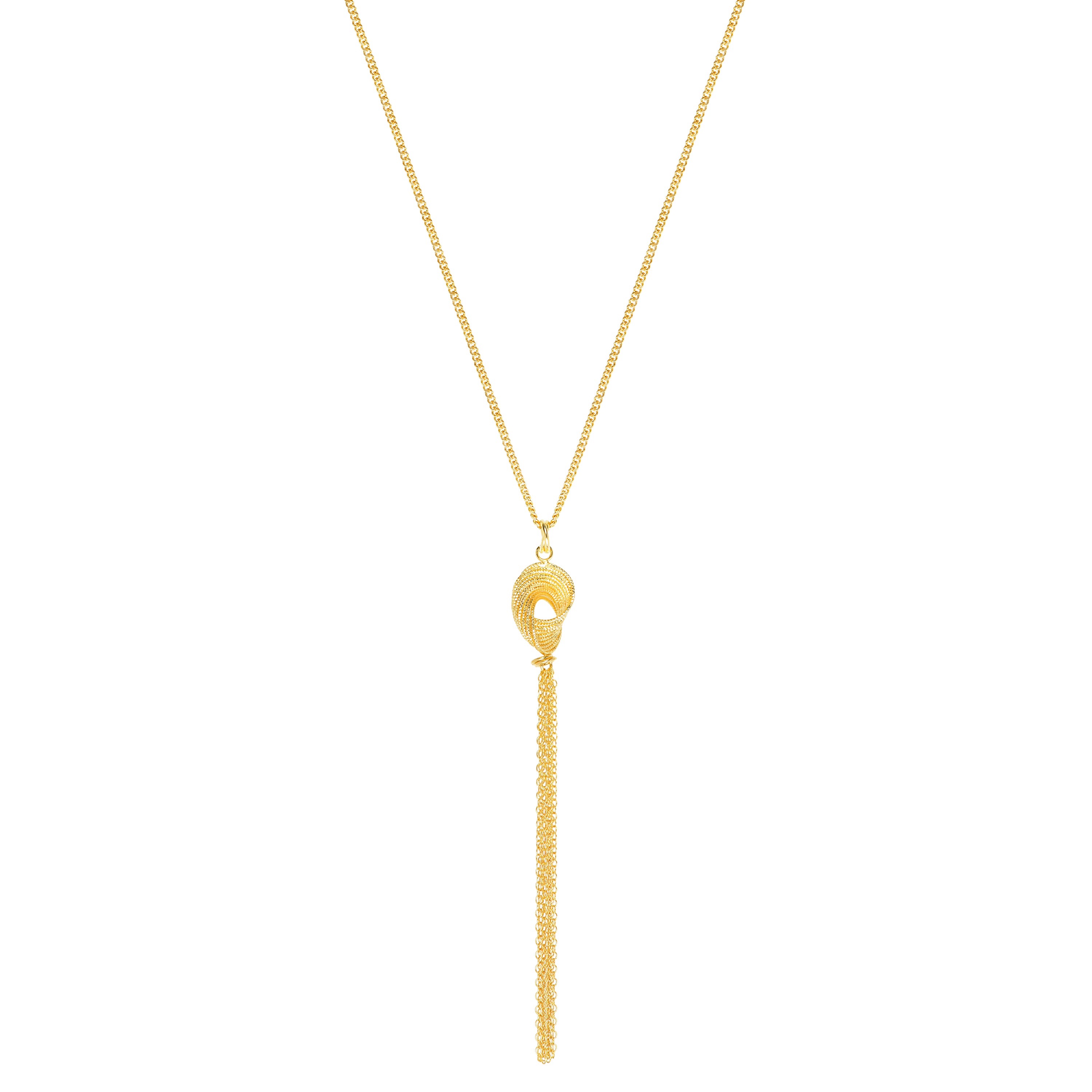 A sophisticated gold necklace featuring a sleek, fine chain leading to a unique pendant. The pendant is designed in the shape of an intricate spiral with a hollow center, showcasing a delicate and elegant aesthetic. Hanging from the bottom of the pendant is a long, flowing tassel made of fine gold chains, adding movement and a touch of glamour.
