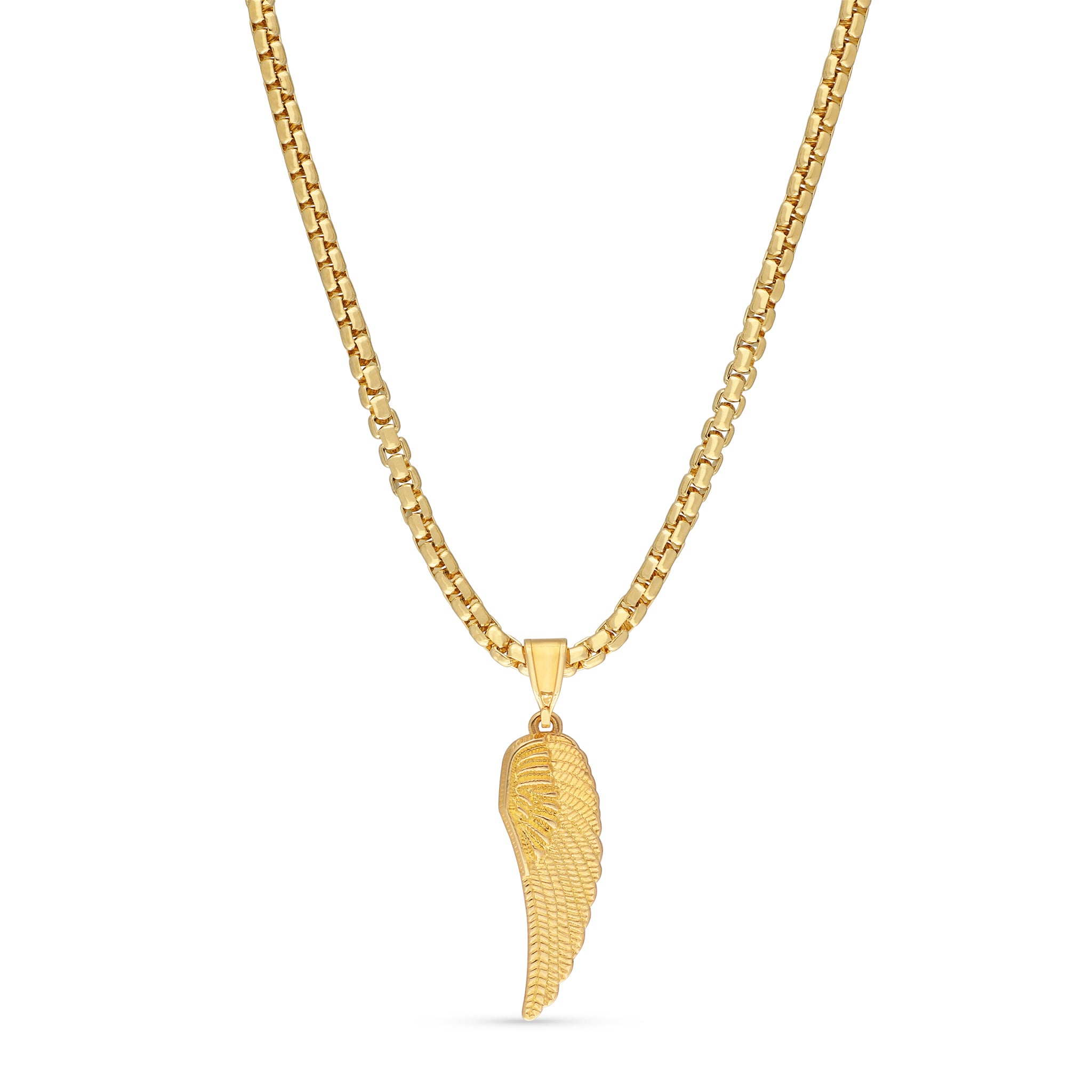 Gold box chain necklace featuring an intricately detailed wing pendant, combining elegance and modern style.