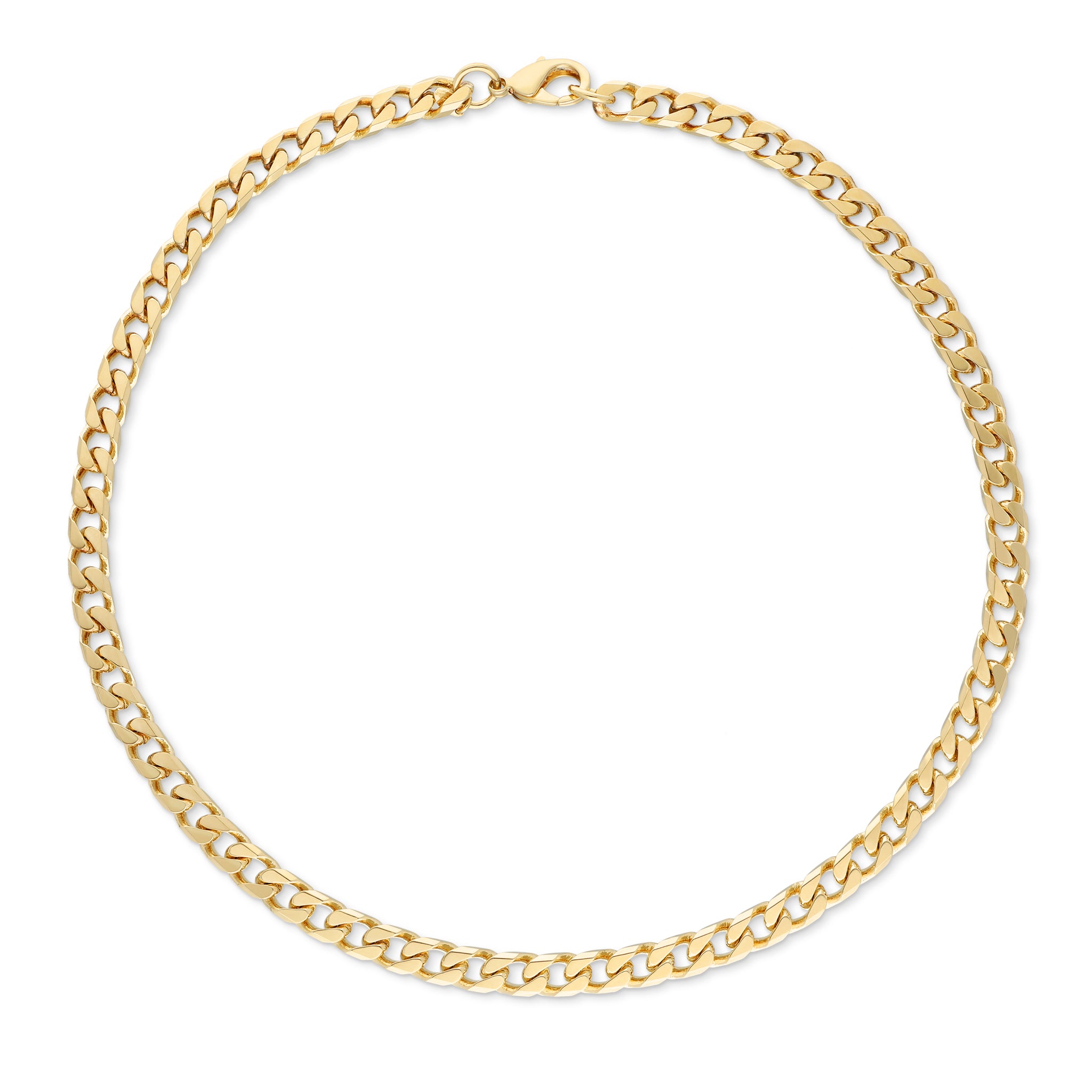 Elegant gold curb chain necklace featuring interlocking oval links for a smooth finish, secured with a lobster clasp.