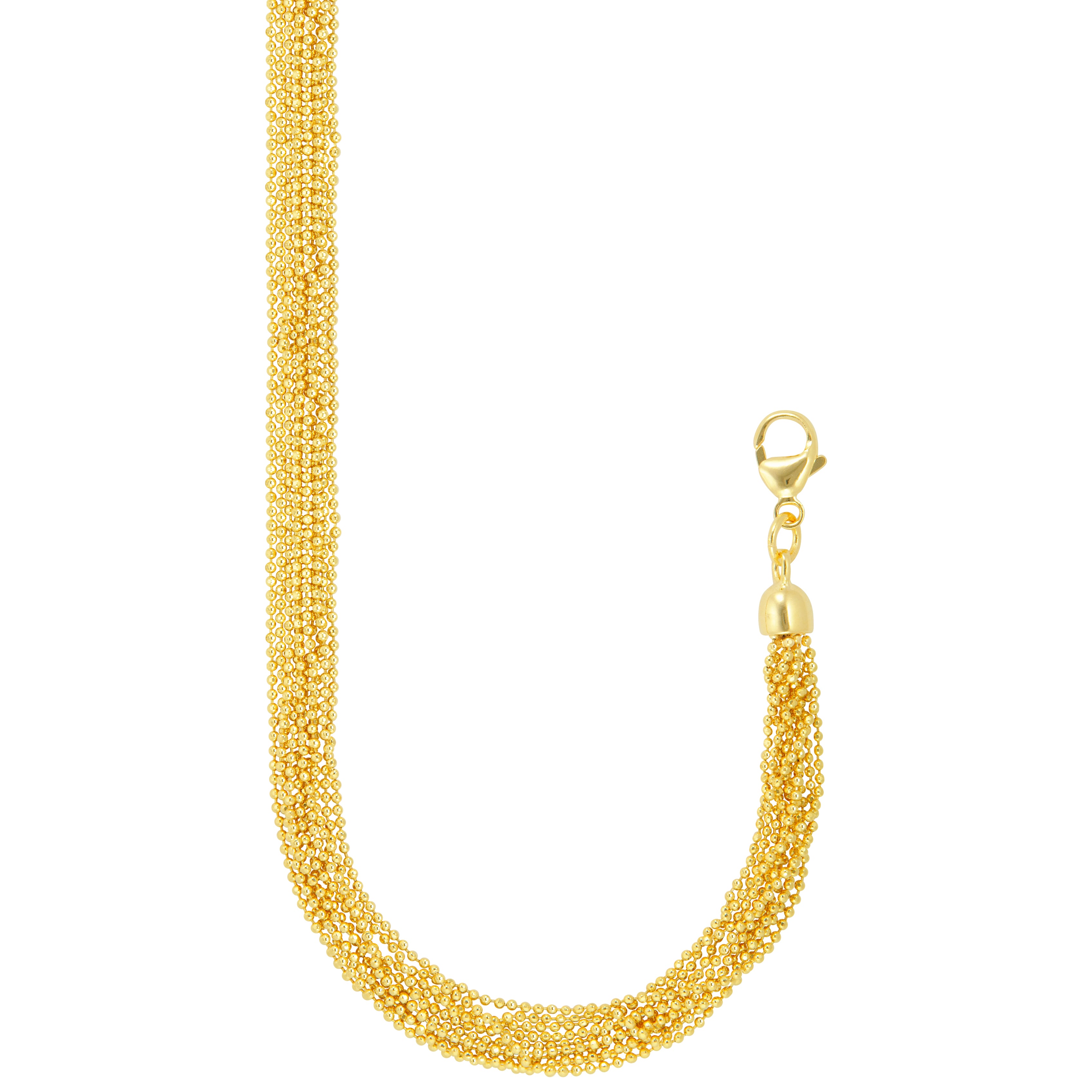A stunning gold necklace featuring multiple strands of delicate beads woven together to create a cascading effect. The design showcases a rich texture with a smooth finish, leading to a secure clasp at one end. The beads are uniformly sized, enhancing the necklace's elegance and sophistication, making it perfect for both casual and formal occasions.