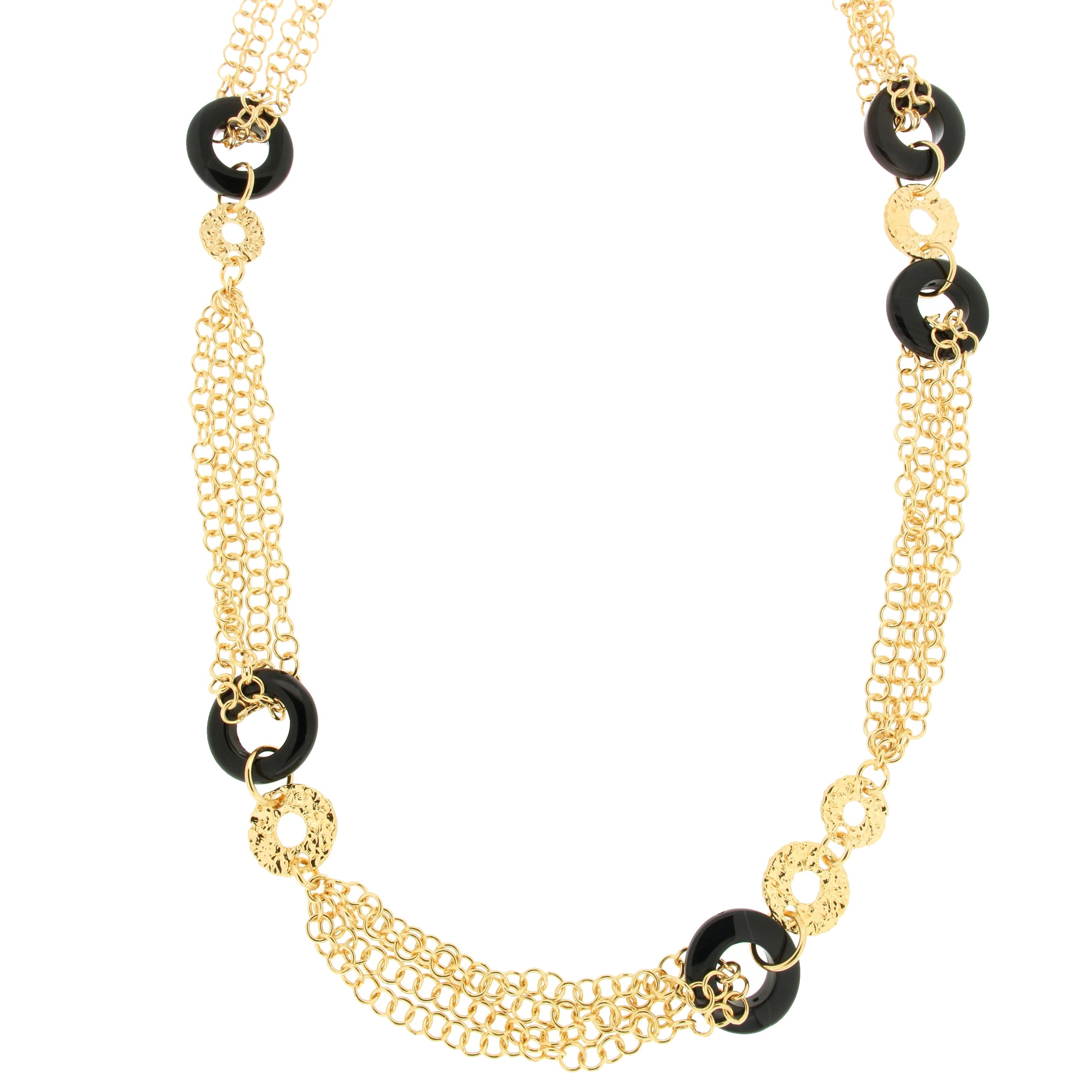 A fashionable gold necklace featuring a mix of elegant elements. The design includes multiple strands of delicate gold chain interspersed with bold black circular beads. The necklace also features gold accents with textured circular elements, adding a touch of sophistication. The contrast between the gold and black creates a striking visual appeal, making it an eye-catching accessory suitable for both casual and formal outfits.