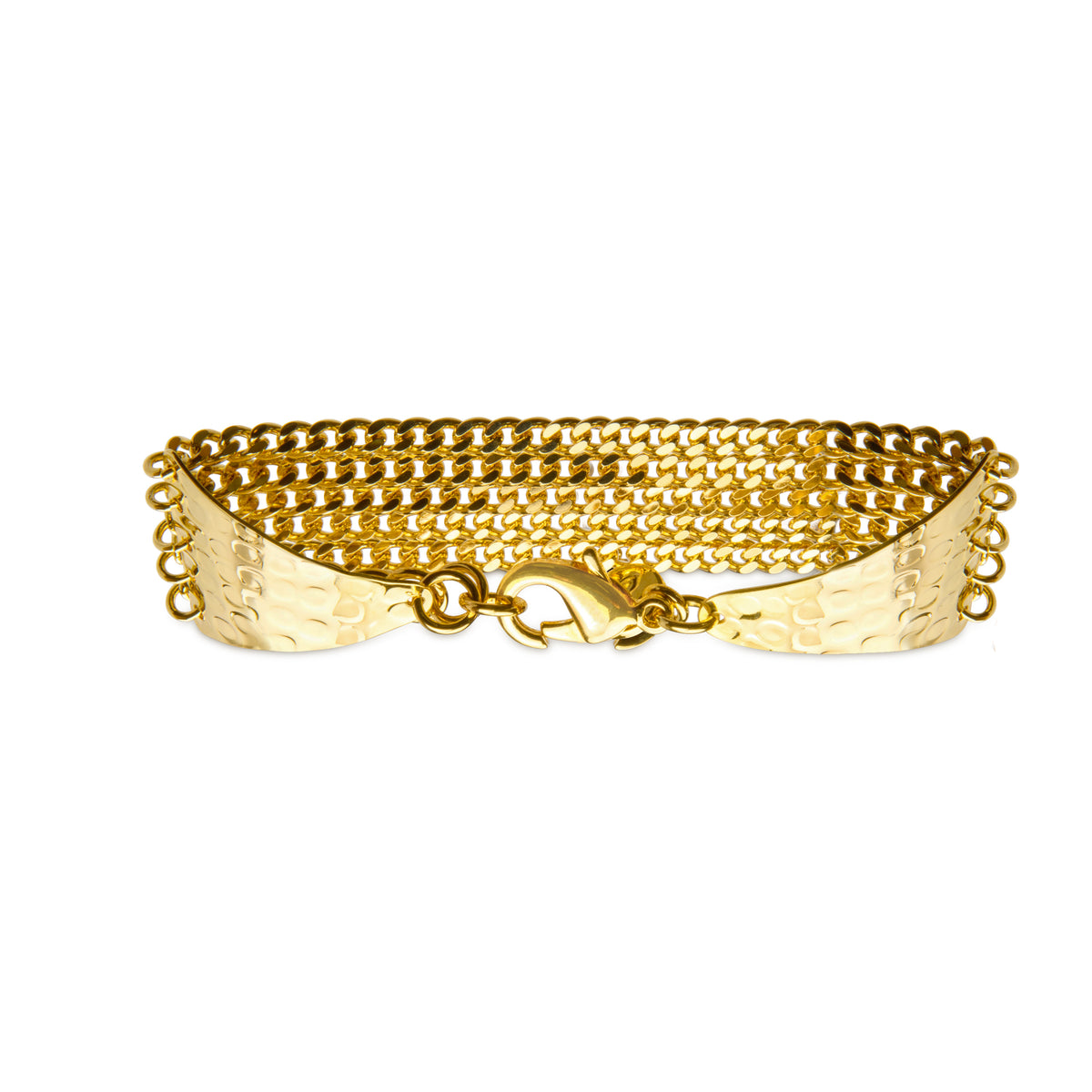 A striking gold bracelet featuring a combination of chain links and a hammered metal section. The bracelet has a multi-strand design with a series of small gold chains that create a layered effect. The front of the bracelet showcases a polished, curved metal piece with a textured surface, adding depth and interest. A secure lobster clasp ensures a comfortable fit, making this piece a stylish accessory for any outfit.