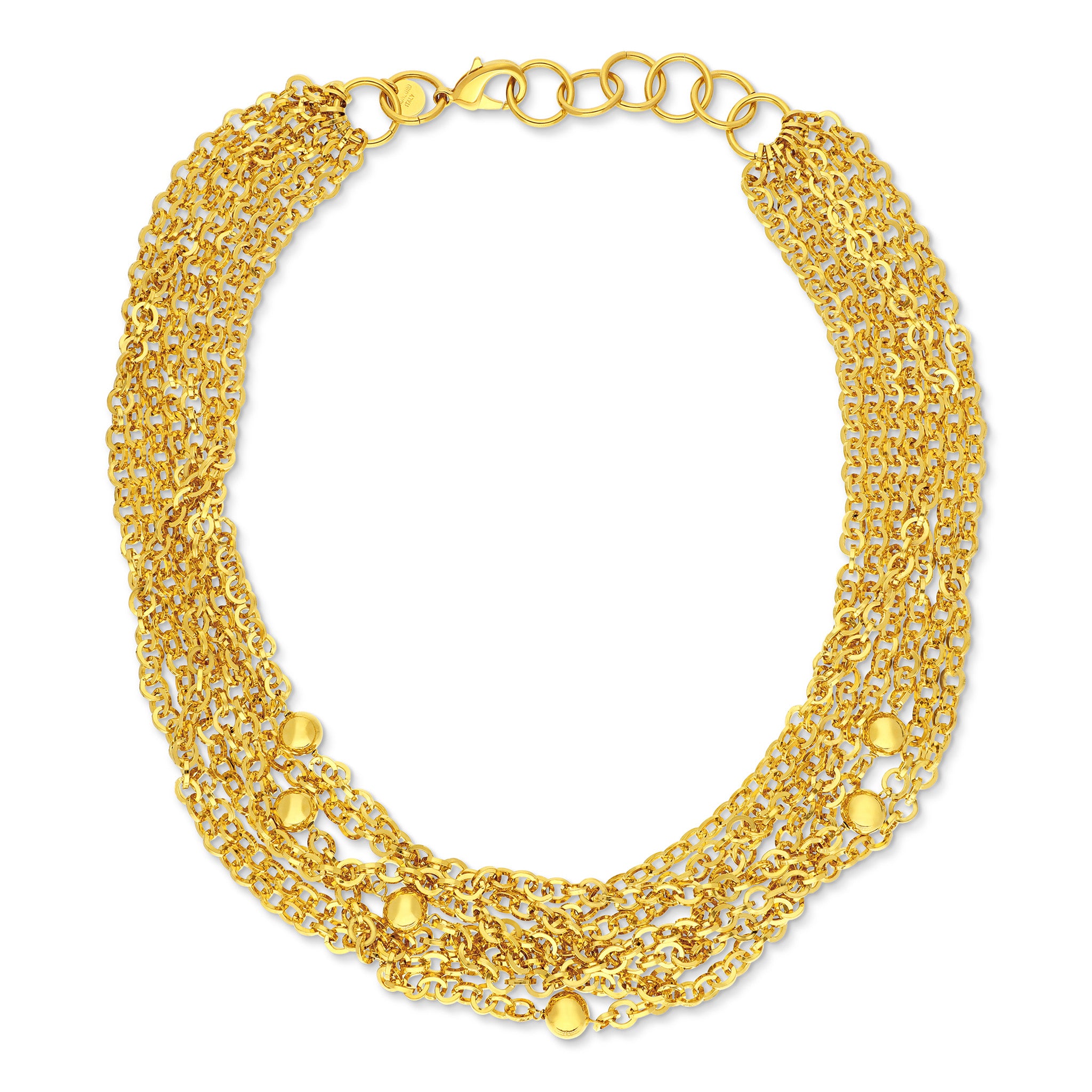 A multi-strand gold necklace featuring a cascade of delicate chains that intertwine beautifully. The design includes several small, round beads spaced evenly throughout the strands, adding a touch of elegance. The necklace fastens at the back with a secure clasp and adjustable chain, making it versatile for various necklines