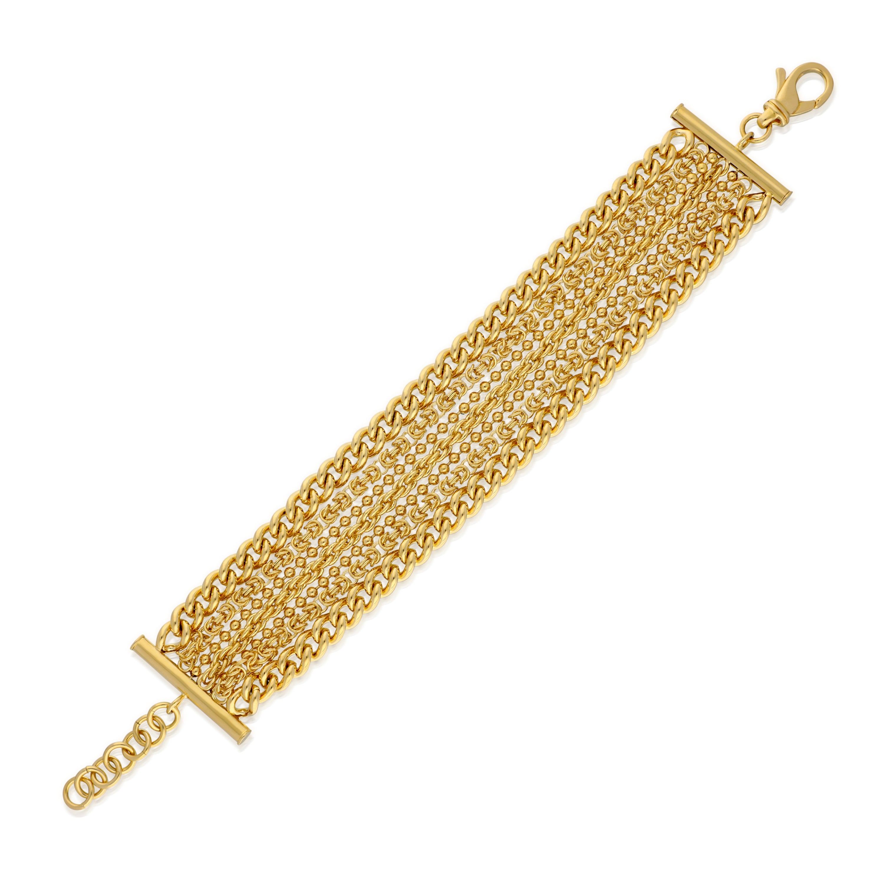 A stylish gold bracelet featuring multiple strands of linked chains, creating a layered effect. The bracelet is secured with a toggle clasp, showcasing an elegant design that combines boldness with sophistication.