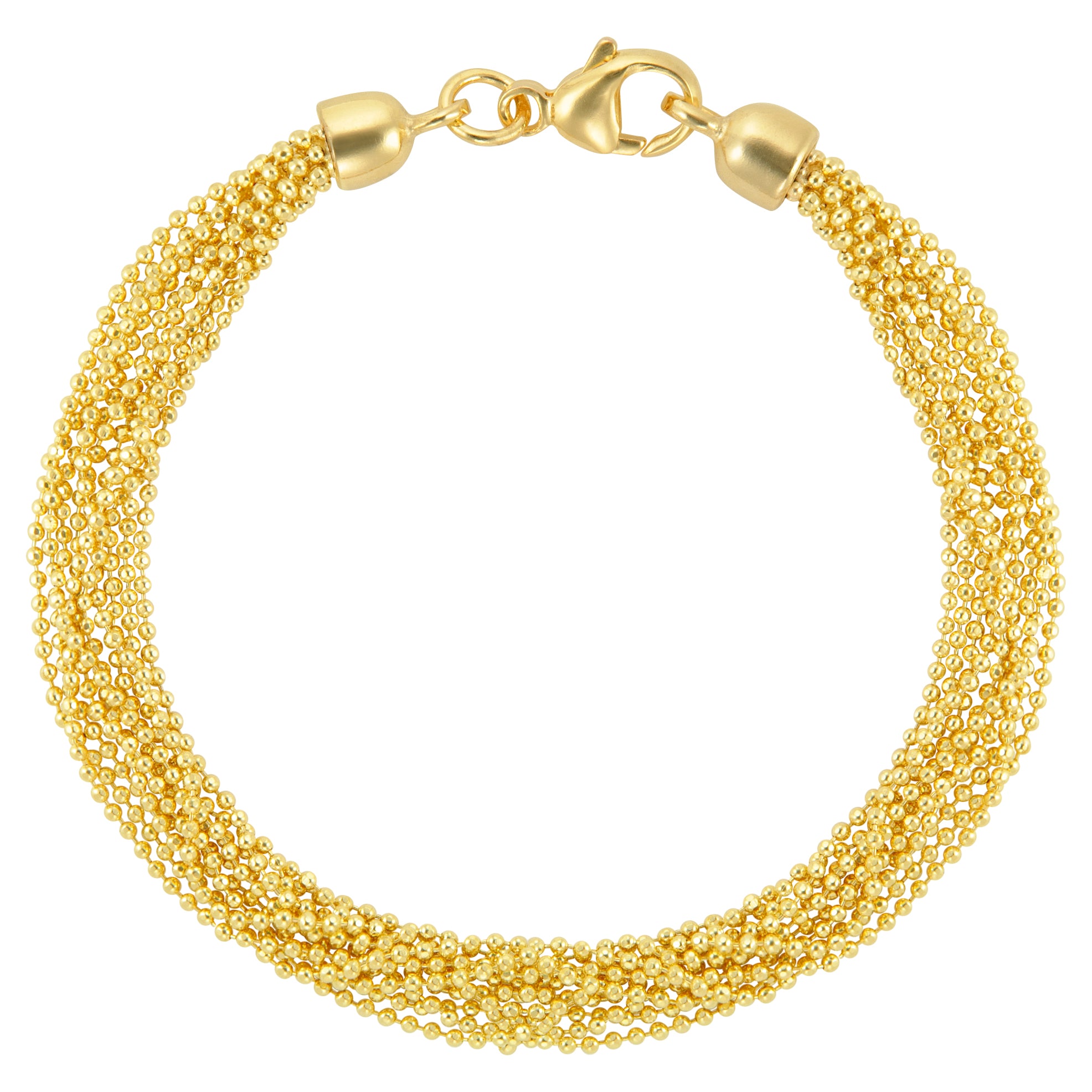 A beautiful gold bracelet featuring multiple strands of small, round beads intricately woven together to create a luxurious, textured appearance. The strands are secured with a sleek clasp at the center, showcasing the elegant design. This statement piece is perfect for adding a touch of sophistication to any outfit, ideal for both casual and formal occasions.