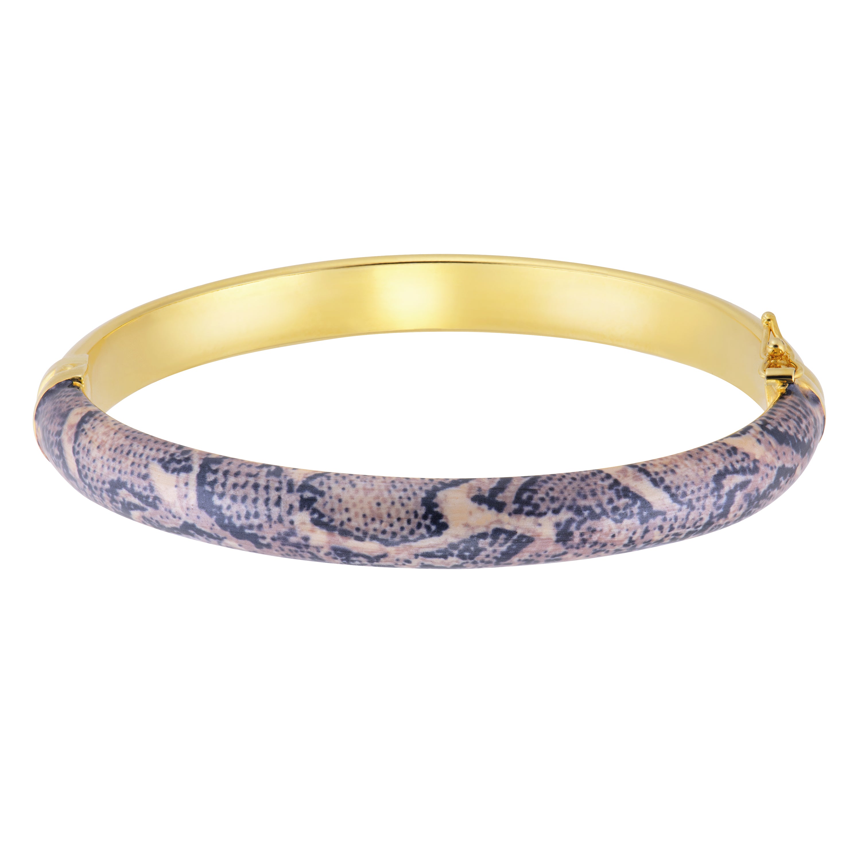 An elegant bangle bracelet featuring a golden metallic band with a unique design. The bracelet is adorned with a smooth, textured section displaying a stylish snake print pattern in shades of beige and black. The contrast between the shiny gold and the intricate print creates a chic and sophisticated look, making it a versatile accessory for both casual and formal outfits.