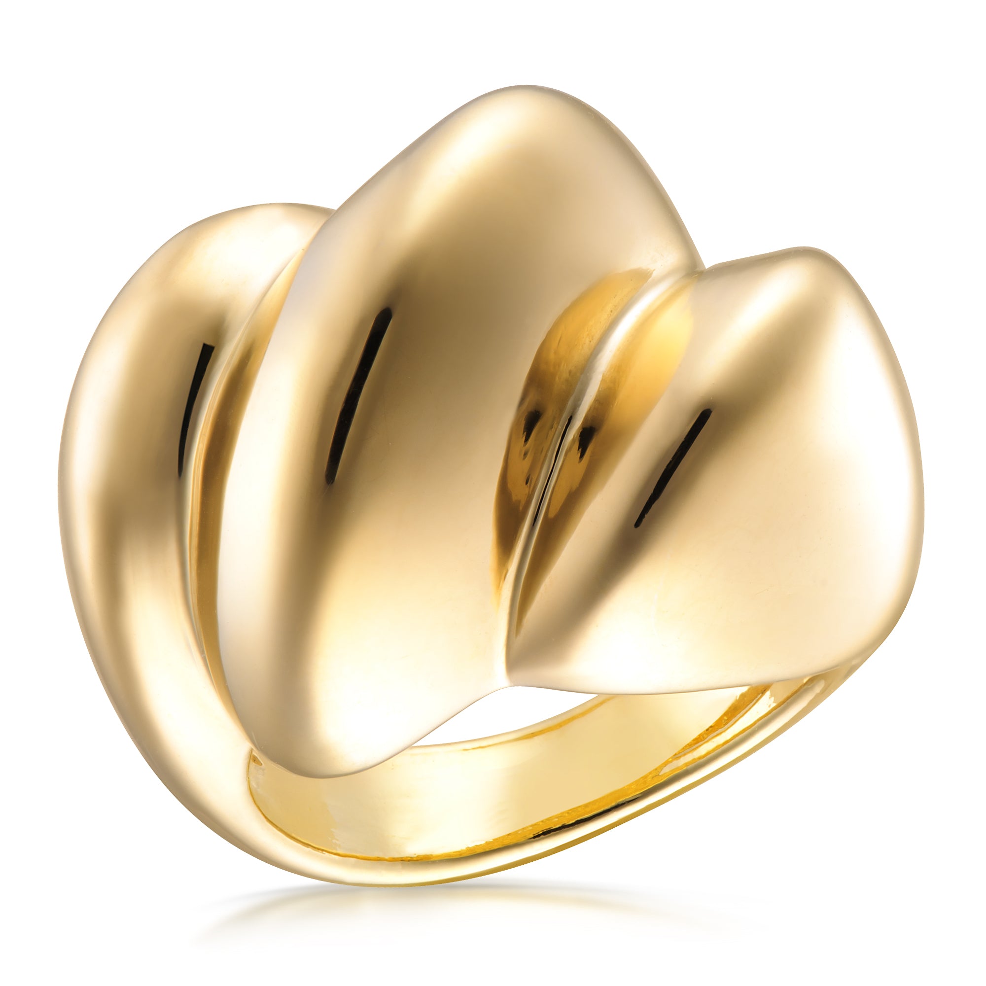 A stylish gold ring featuring a sculptural design with smooth, flowing curves. The ring's polished surface reflects light beautifully, enhancing its elegant appearance. Its contemporary design makes it a standout piece, perfect for adding a touch of sophistication to any outfit.