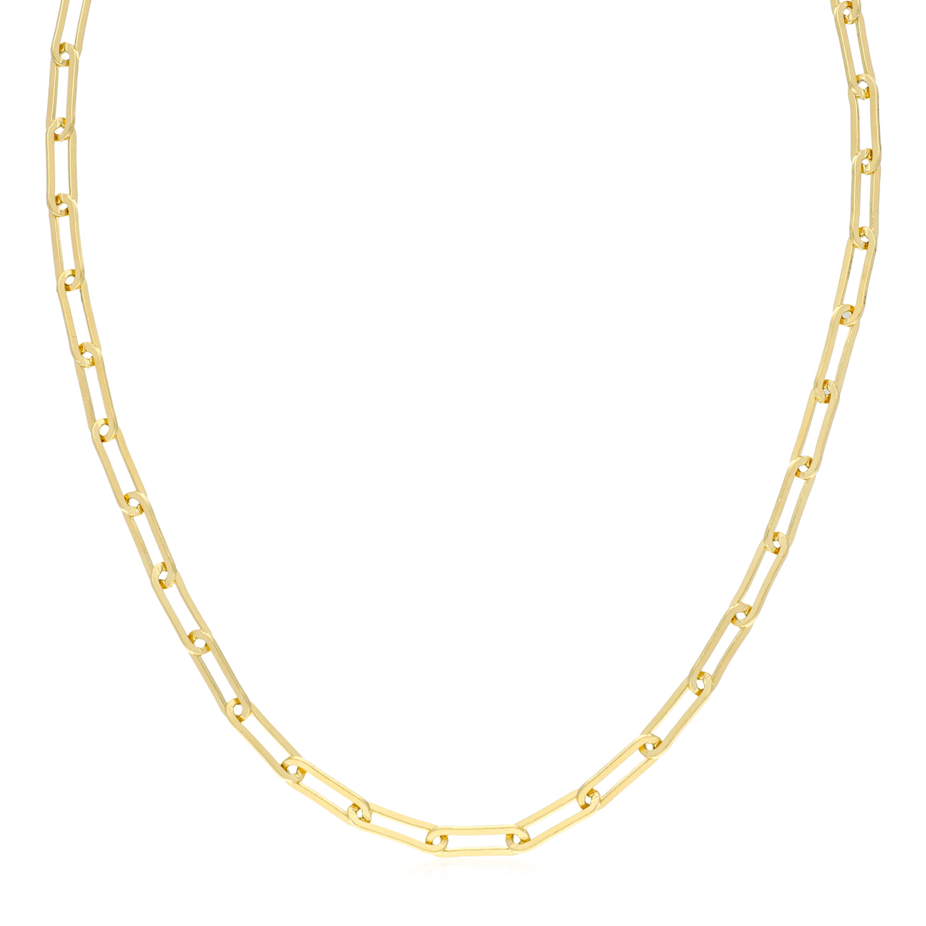 Gold chain necklace with alternating rectangular links.