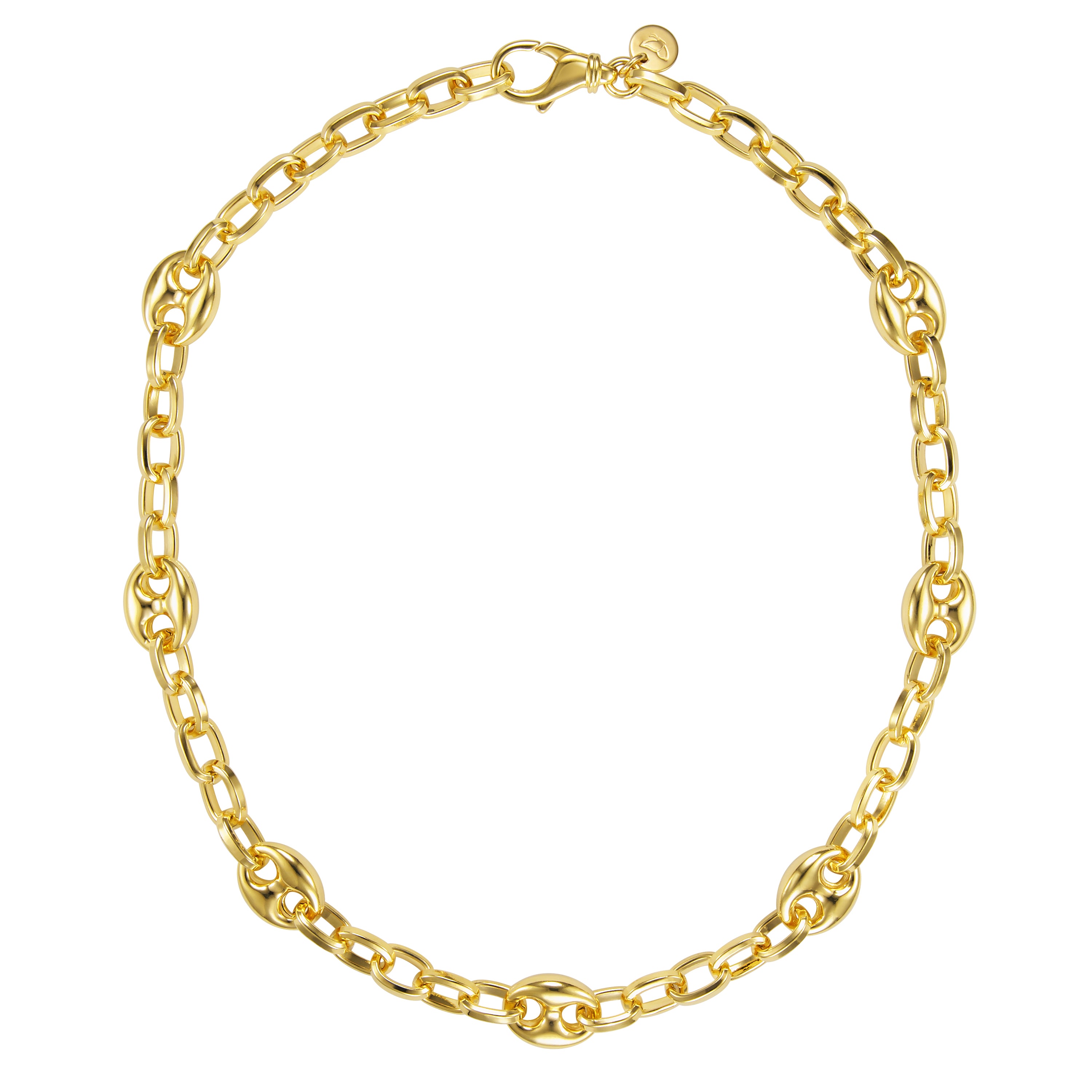 A chic gold necklace featuring an alternating chain design with large oval links and smaller round links. The smooth, polished finish adds a touch of elegance, making it suitable for both everyday wear and special occasions.
