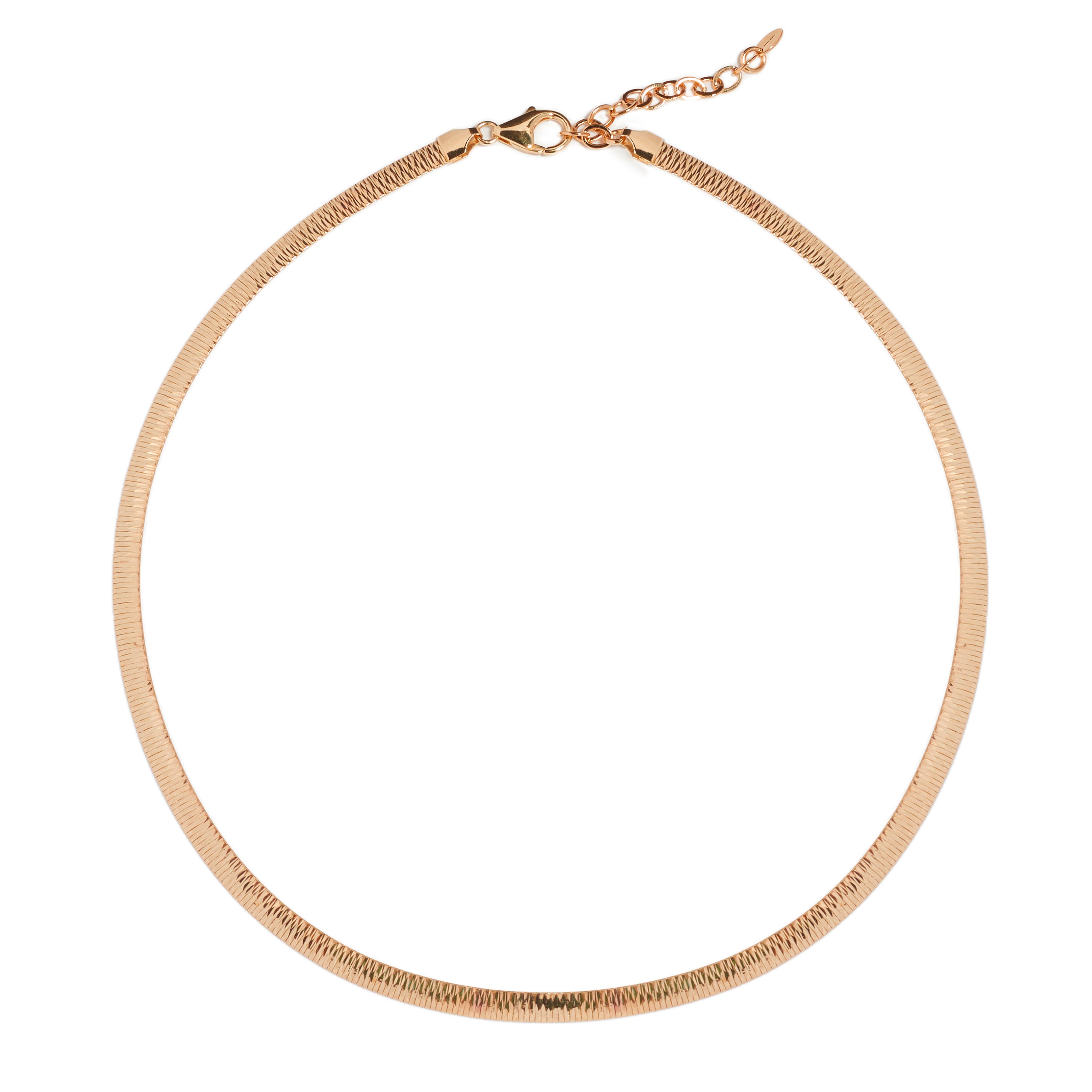 A refined rose gold necklace with a smooth, slightly textured surface that elegantly curves around the neck. It features a secure clasp with an extension chain for adjustable length, making it a versatile addition to any jewelry collection.