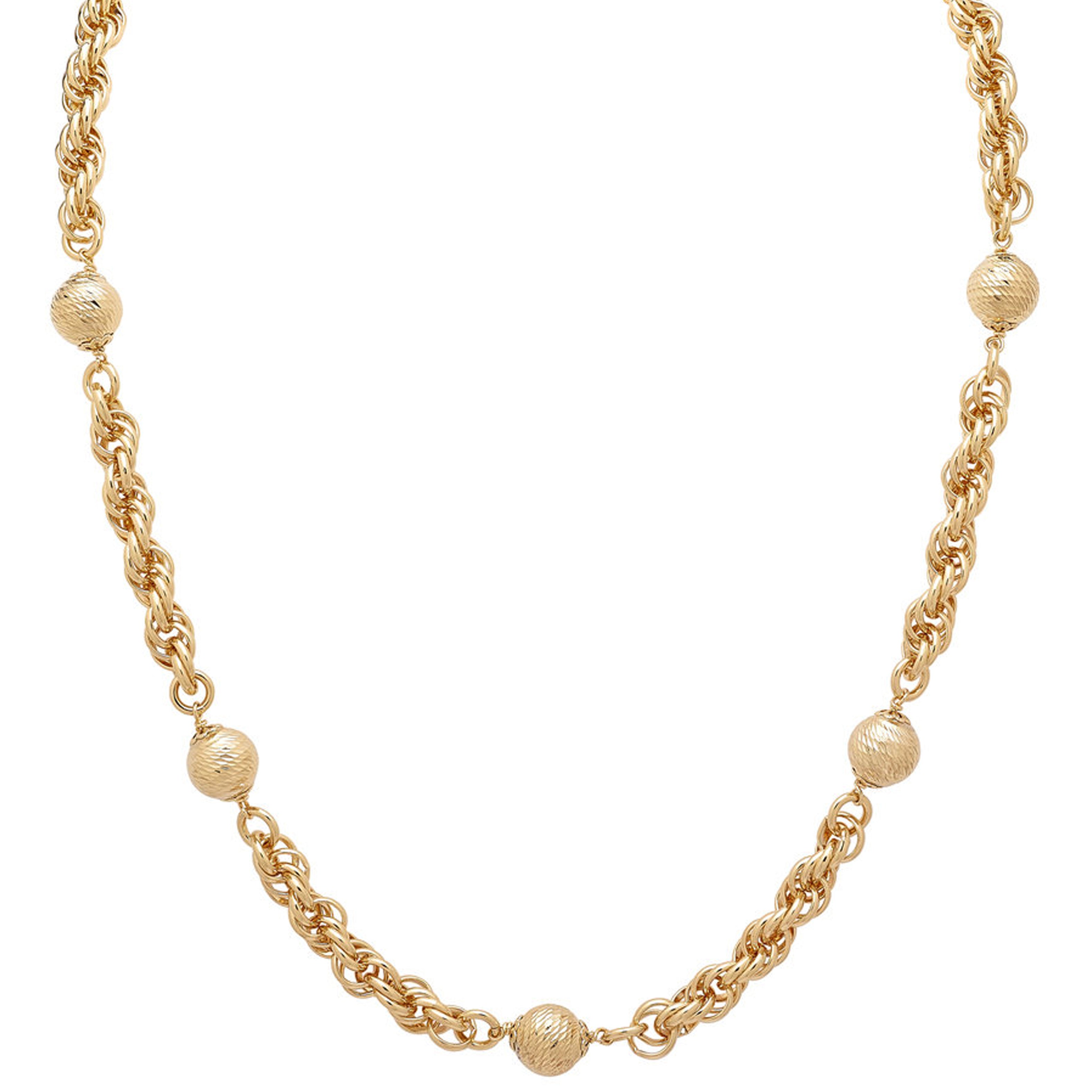 Gold necklace featuring an intricately woven chain adorned with textured gold balls, creating an elegant and sophisticated design suitable for various occasions.