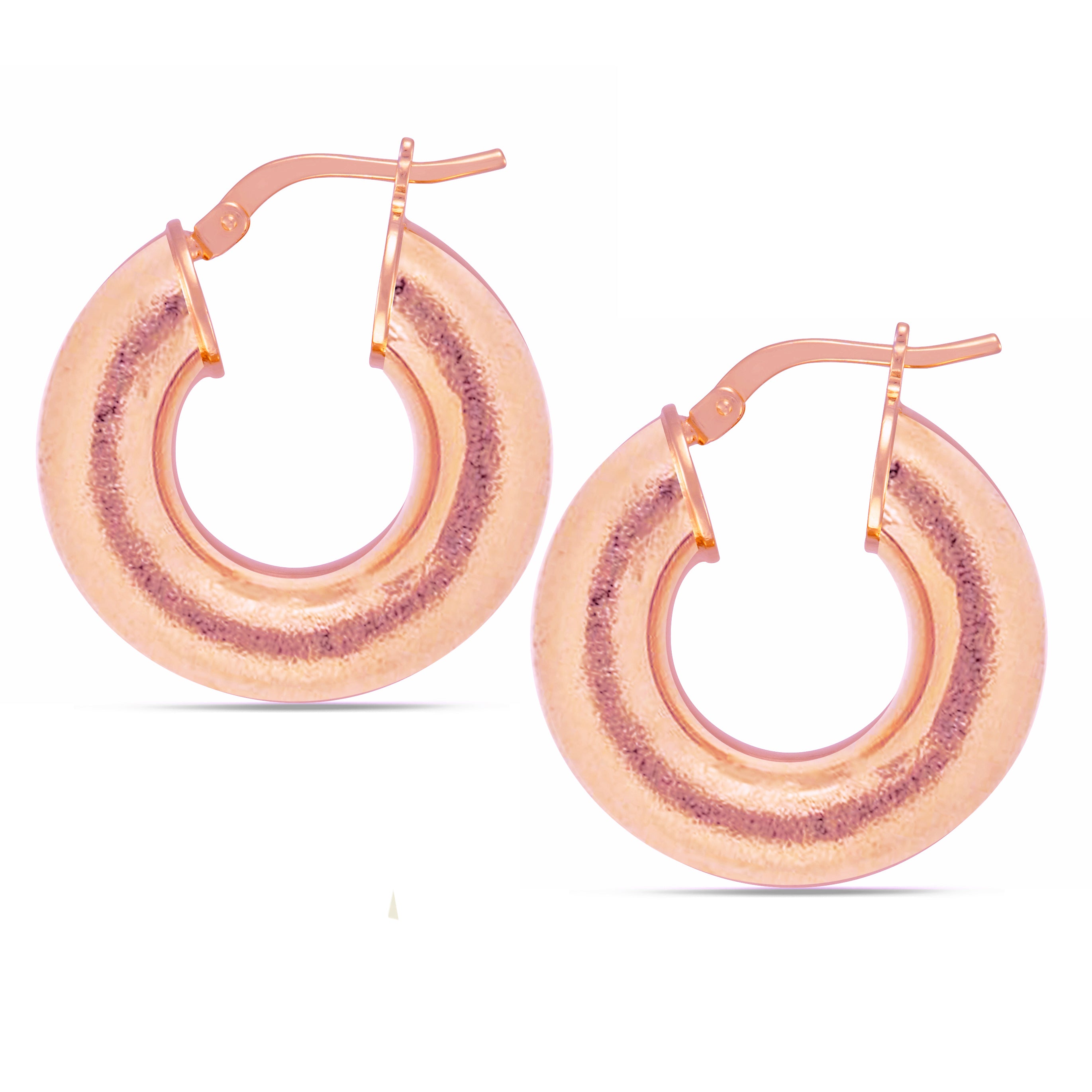 A pair of rose gold hoop earrings featuring a distinctive design with a textured surface. The hoops are circular, and the outer edge has a contrasting darker line running along its circumference, adding depth to the design. The earrings are secured with a simple latch closure, and their reflective finish gives them a modern and stylish appearance, suitable for various occasions.