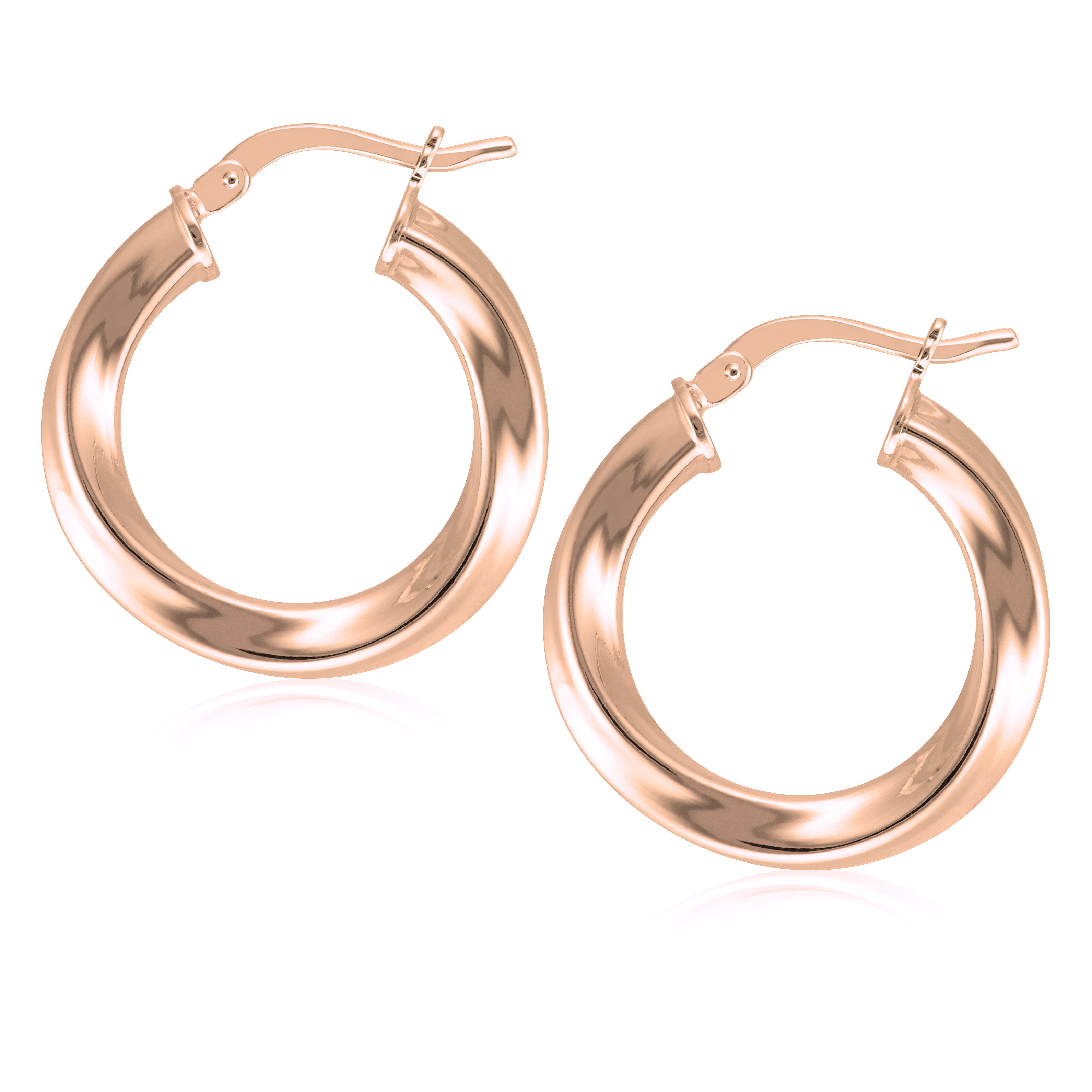 A pair of rose gold hoop earrings featuring a sleek, polished design that creates a modern and elegant look. The earrings have a rounded shape with a smooth, reflective surface, adding sophistication to any outfit. The secure latch closure ensures comfort and ease of wear, making these hoops perfect for both casual and formal occasions.