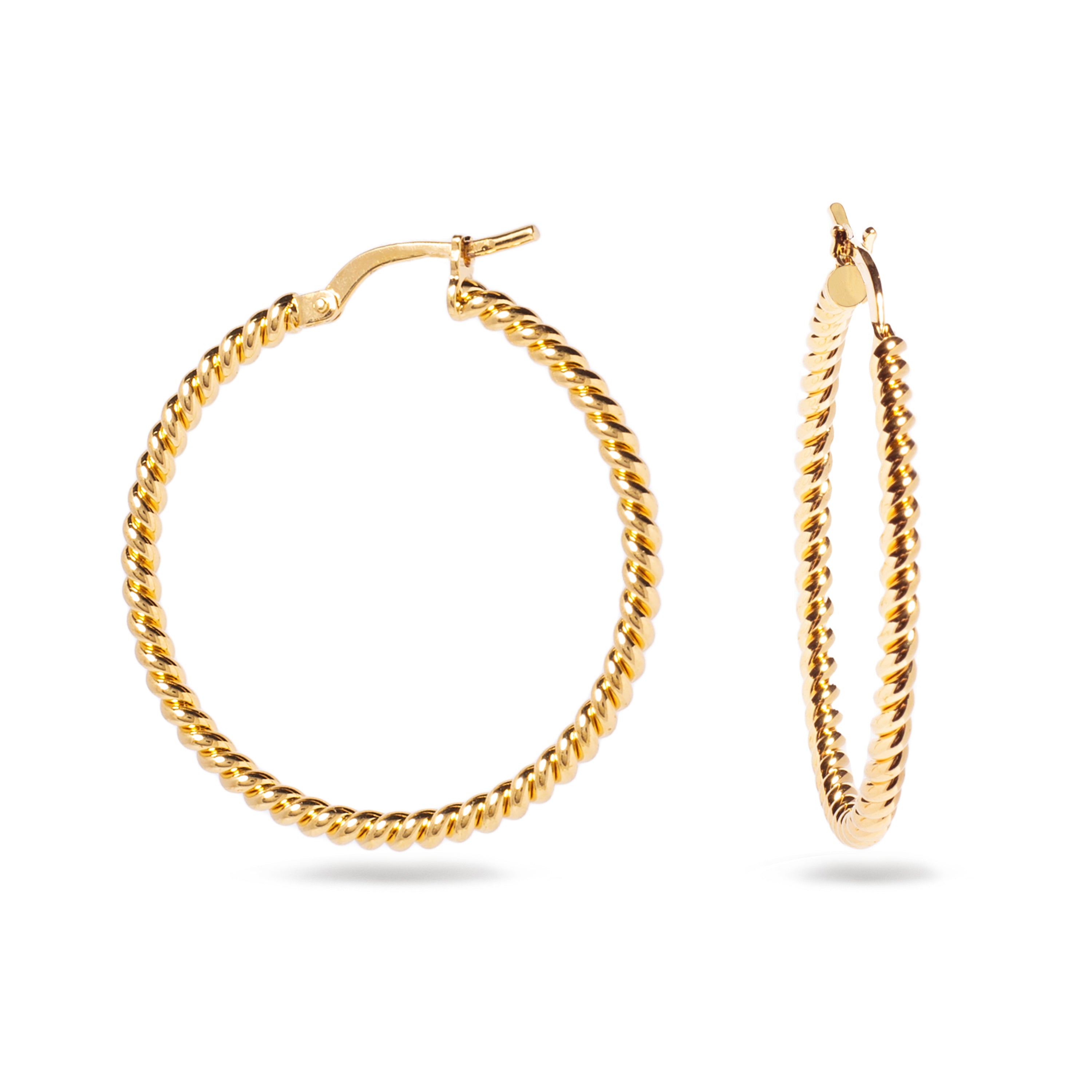 A pair of stylish gold hoop earrings featuring a twisted design. The hoops are medium-sized and showcase a shiny, polished finish that catches the light beautifully. The classic clasp design ensures secure wear, making these earrings a versatile accessory for both casual and formal occasions.