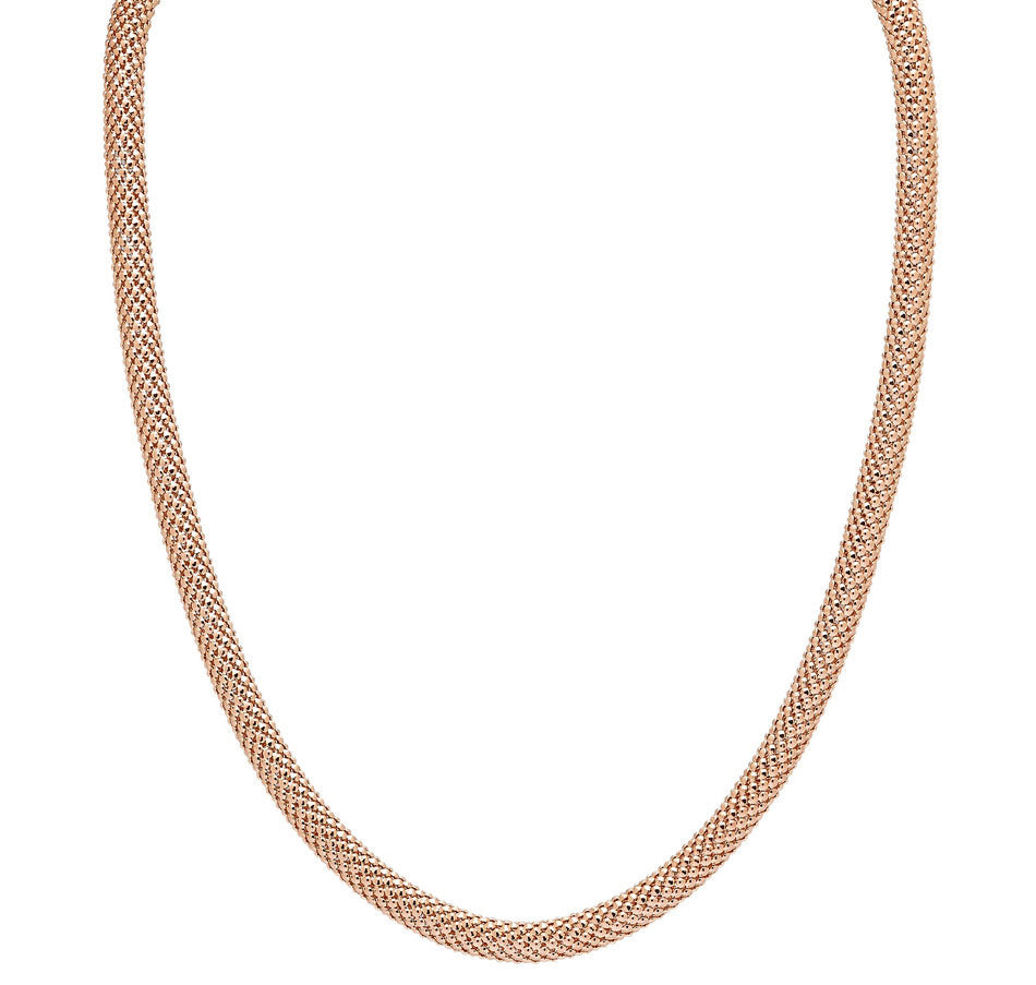 A stylish rose gold necklace featuring a sleek, woven design. The chain has a smooth finish and a flexible, snake-like appearance, making it a versatile accessory.