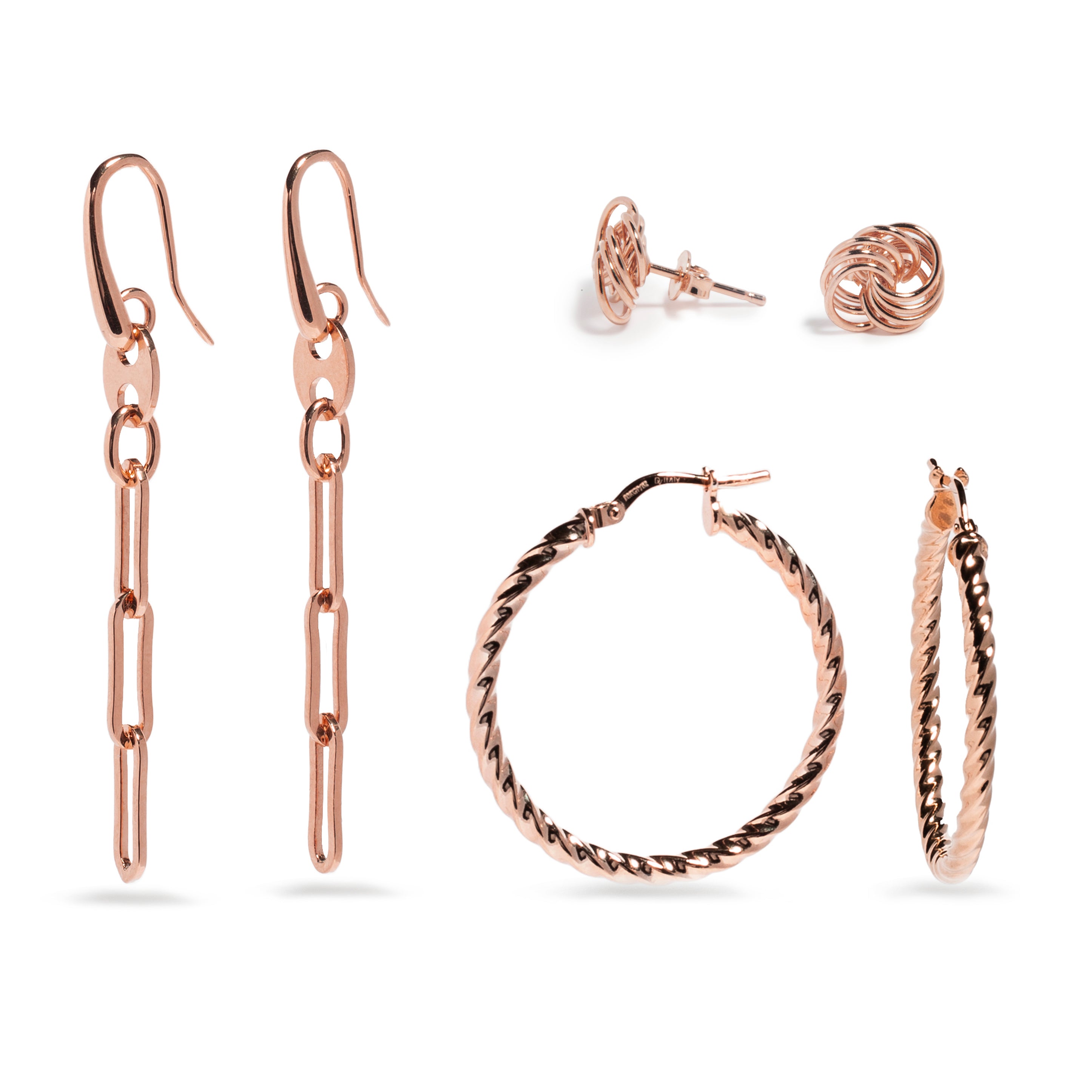 A stylish set of rose gold earrings displayed together. The collection features a pair of long dangling earrings made of linked chains, exuding a modern elegance. Accompanying these are rose gold stud earrings with a playful, intertwined design. The set also includes two pairs of rose gold hoop earrings: one pair with a classic smooth finish and the other featuring a twisted texture, providing versatile options for any occasion.