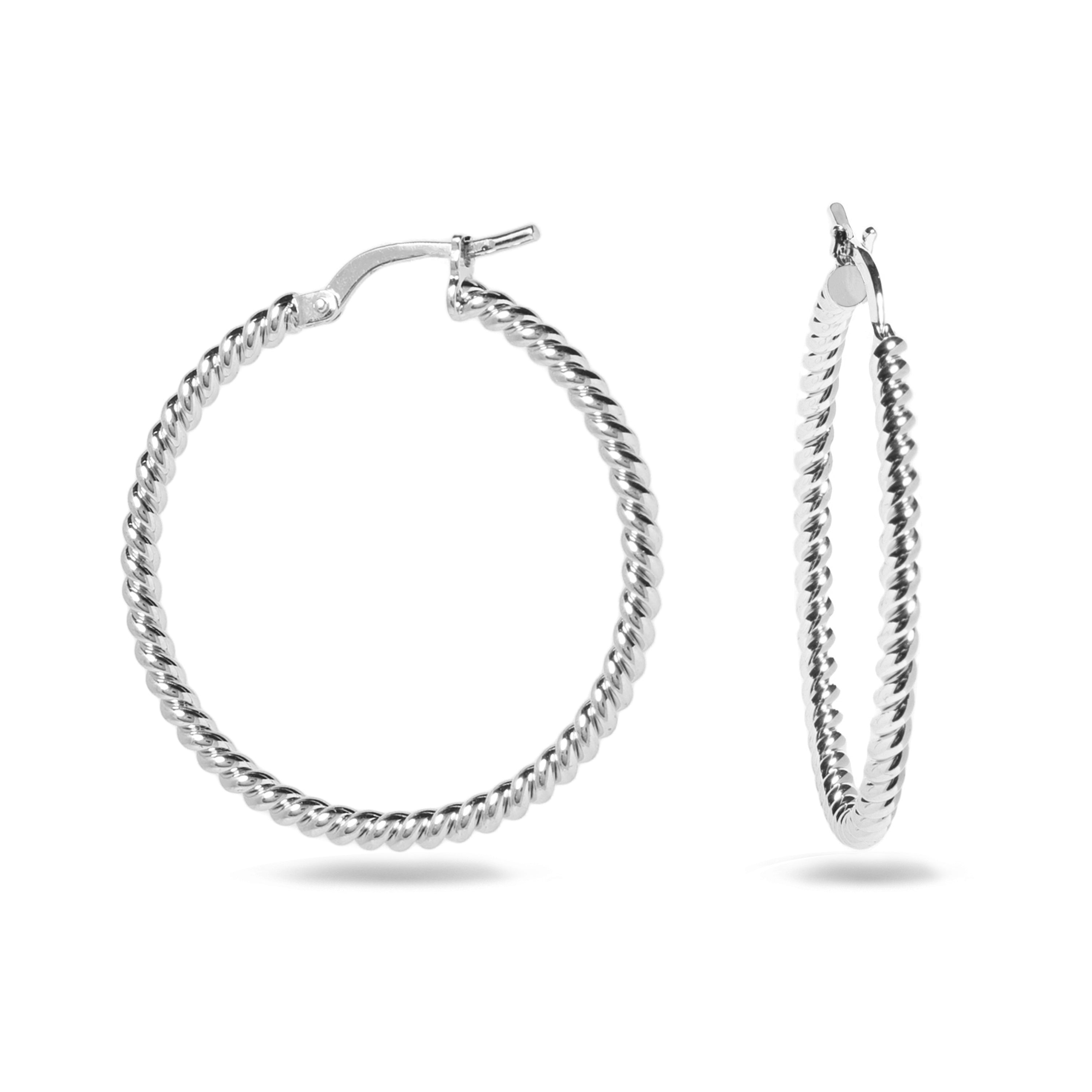 A stylish pair of silver-tone hoop earrings featuring a twisted design. The hoops are characterized by a spiral texture that adds depth and dimension to the overall look. The earrings are lightweight and feature a secure clasp closure for easy wear. They offer a modern and chic addition to any jewelry collection, perfect for both casual and formal occasions.