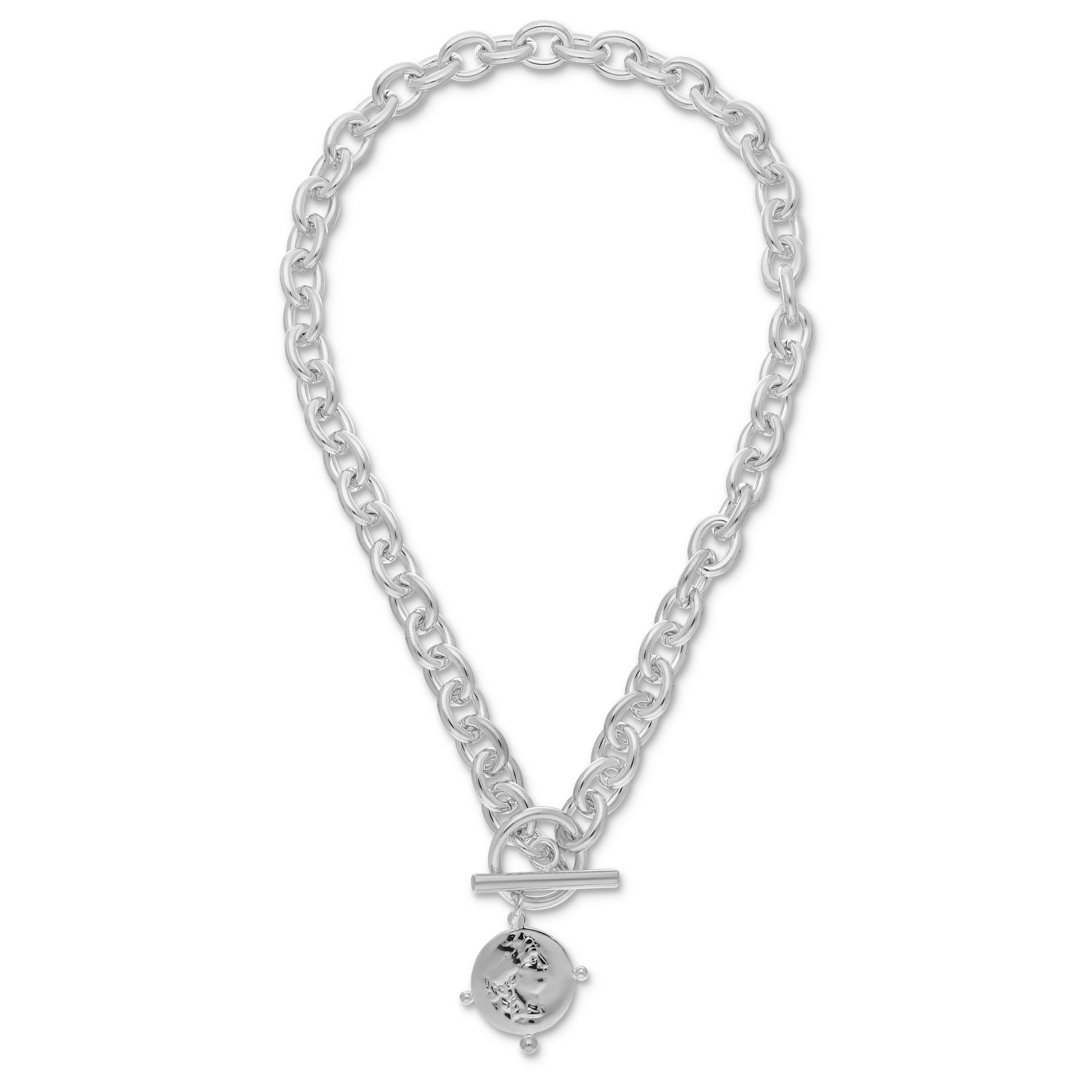 Stylish silver necklace featuring a chunky chain design, accented with a round pendant that has intricate detailing, finished with a toggle clasp for secure fastening.