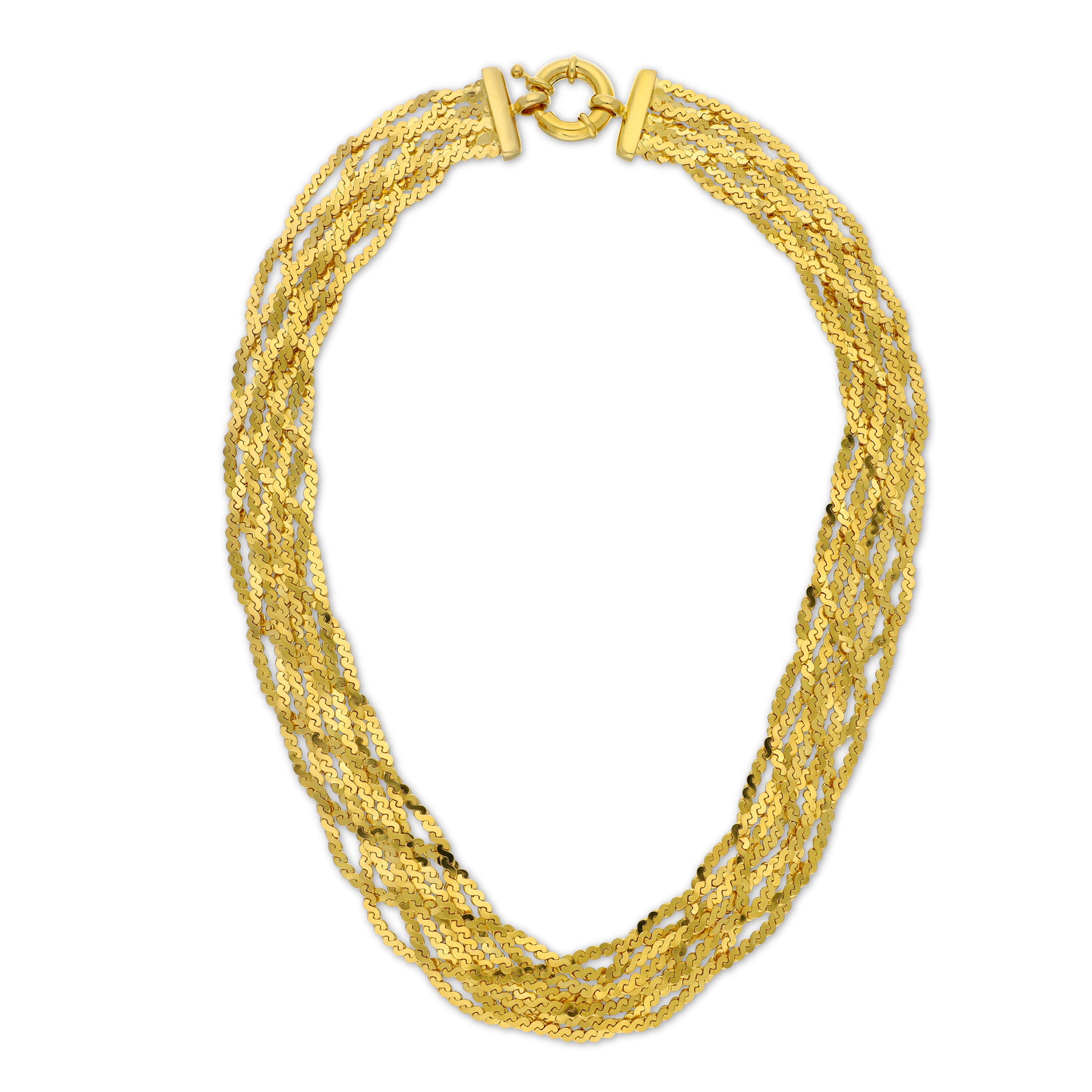 Luxurious gold necklace composed of multiple intertwined chains, creating a layered effect that adds depth and texture, finished with a secure clasp for easy wear.