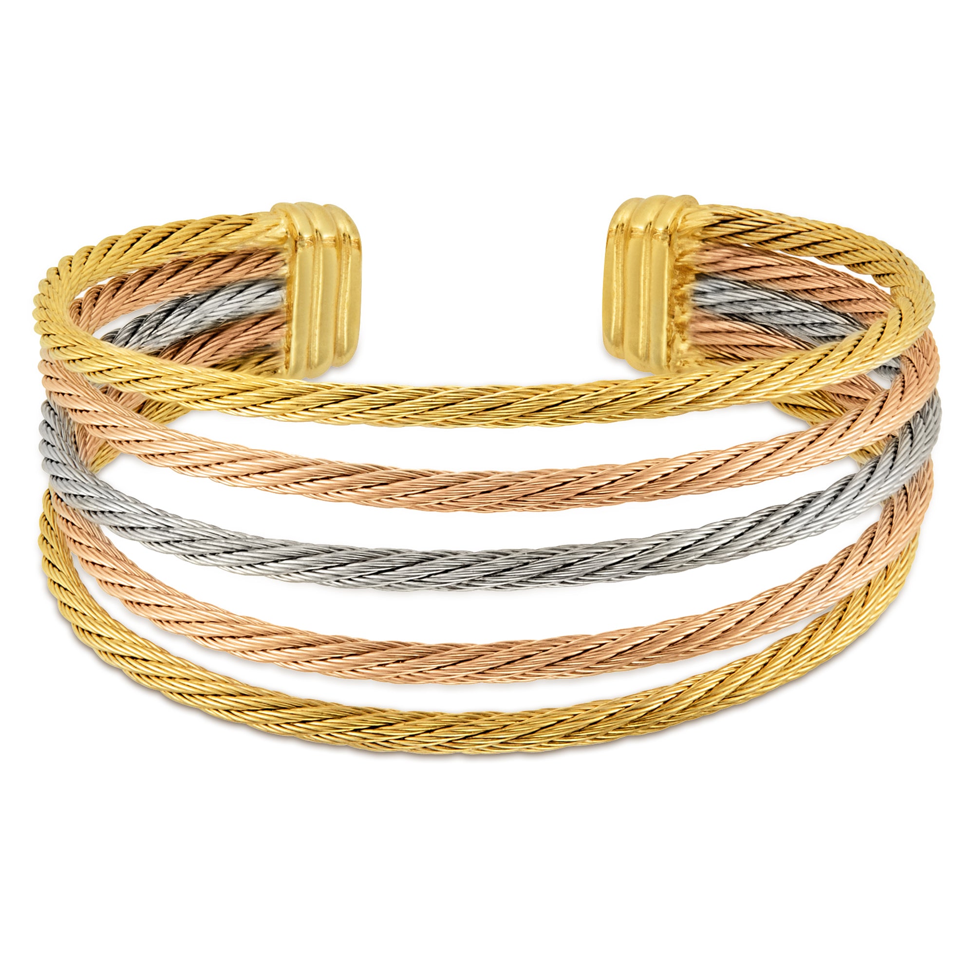 A stylish cuff bracelet featuring a braided design with intertwined strands in three different metallic tones: gold, rose gold, and silver. The bracelet's elegant twist pattern creates a modern yet classic look, making it suitable for both casual and formal occasions. Its open-ended design allows for easy wear and a comfortable fit.