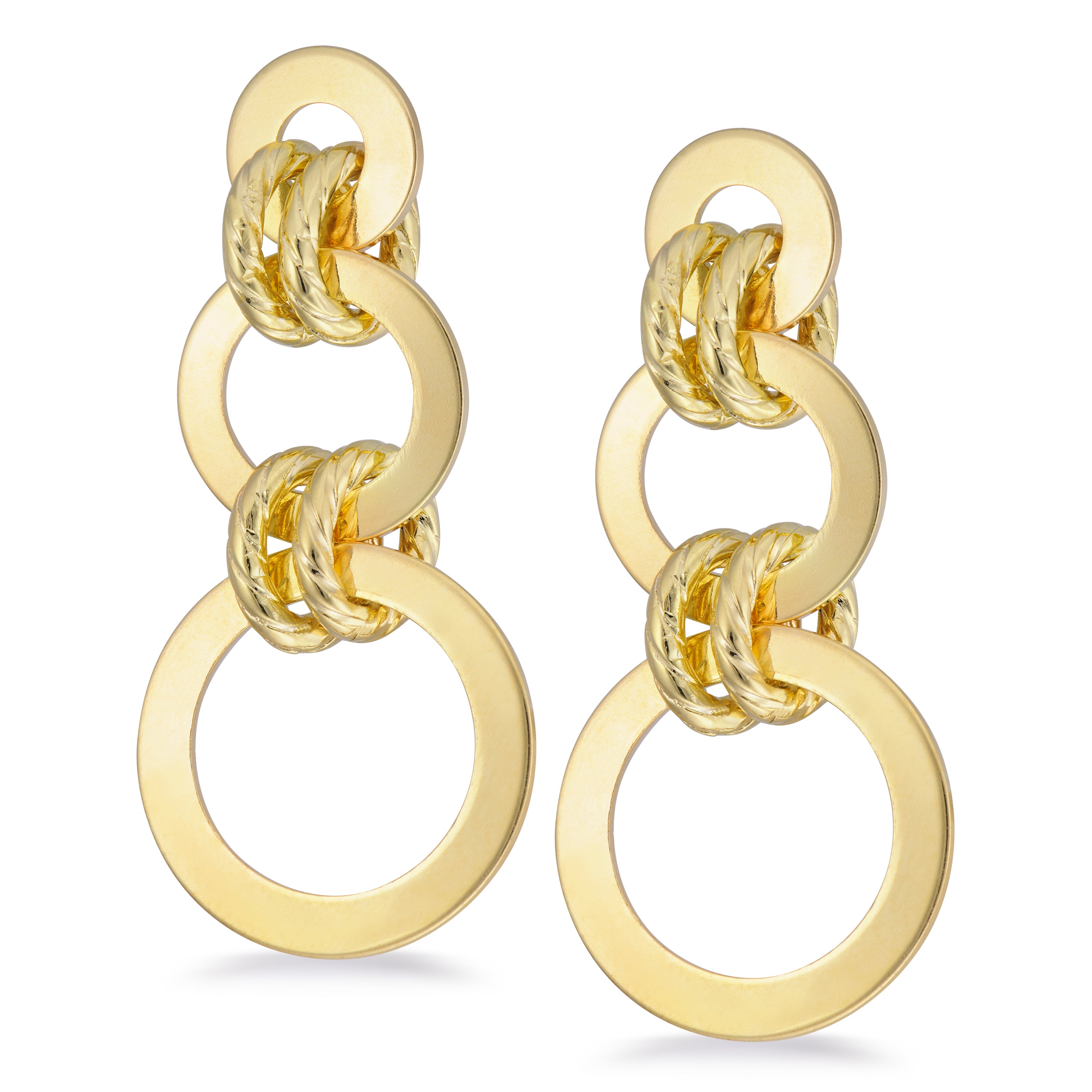 A pair of eye-catching gold earrings featuring a unique chain-link design. The earrings consist of interconnected circular hoops with a combination of smooth and textured finishes. The upper section showcases twisted gold links, adding a touch of elegance, while the lower part features larger, polished circular rings. These earrings have a bold and modern look, making them a striking accessory suitable for both casual and formal outfits.