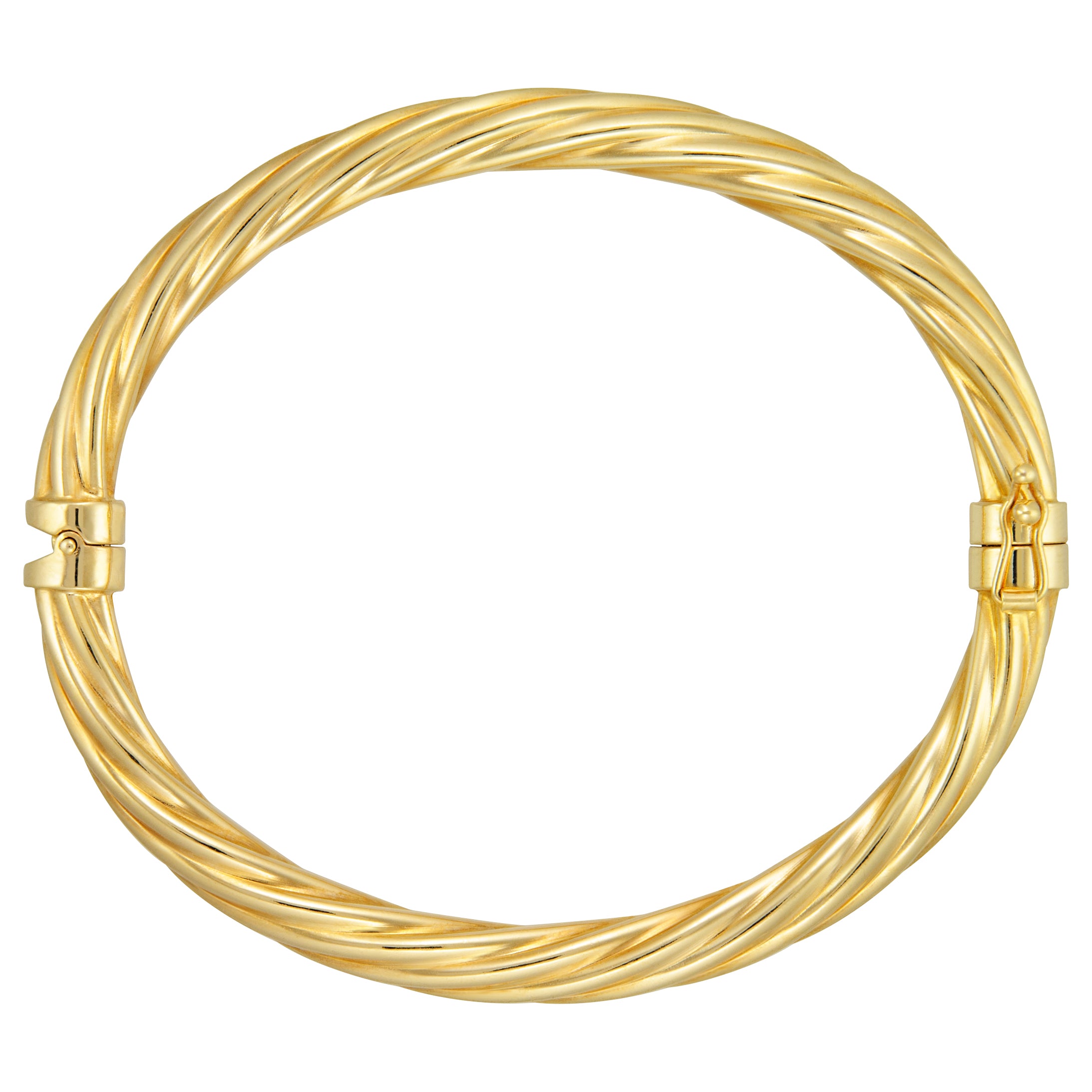 A true Italian Classic, if you are looking for the great oval shaped bangle you can wear day in and day out, this is your pick. Bangle has a subtle rope twist to it and features a secure tongue and groove lock with figure 8 clasp. Bangle is 7.25" x 8mm, designed and handmade in Italy with 18kt yellow gold over bronze.