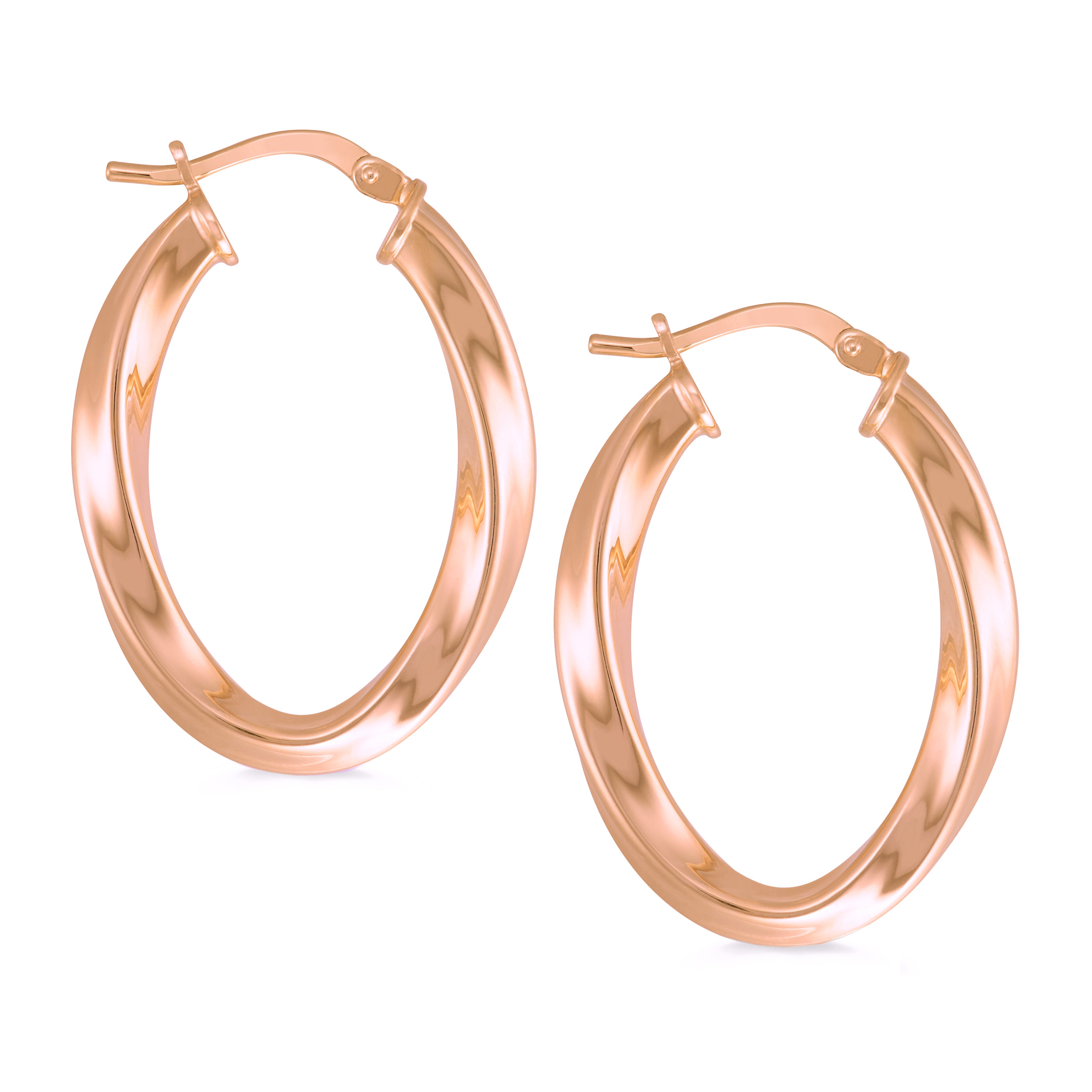 A pair of rose gold-tone hoop earrings with a smooth, reflective surface. The hoops feature a slightly twisted design that adds depth and elegance. They are designed with a secure post-back fastening for easy wear. The overall aesthetic of the earrings is modern and stylish, making them suitable for both casual and formal occasions. The polished finish enhances their shine, making them a standout accessory for any outfit.