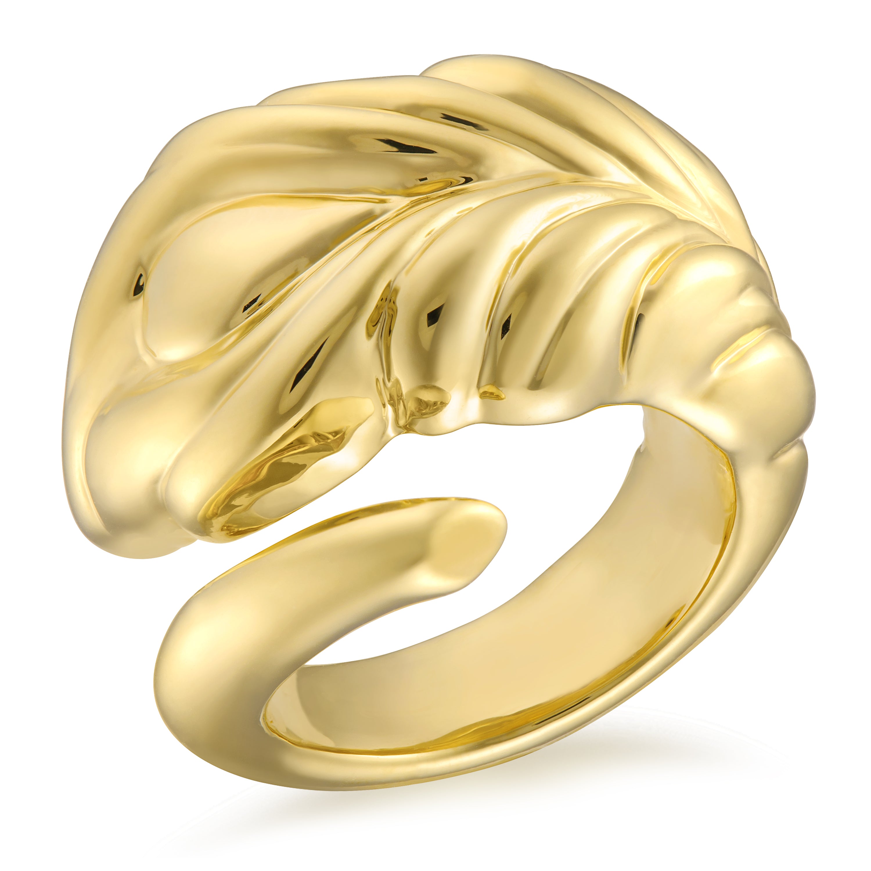 A stunning gold ring designed to resemble a stylized leaf. The ring features intricate detailing that captures the natural curves and veins of a leaf, giving it a three-dimensional effect. Its polished surface reflects light beautifully, enhancing its luxurious appearance. This piece is perfect for adding a touch of elegance and nature-inspired charm to any outfit.