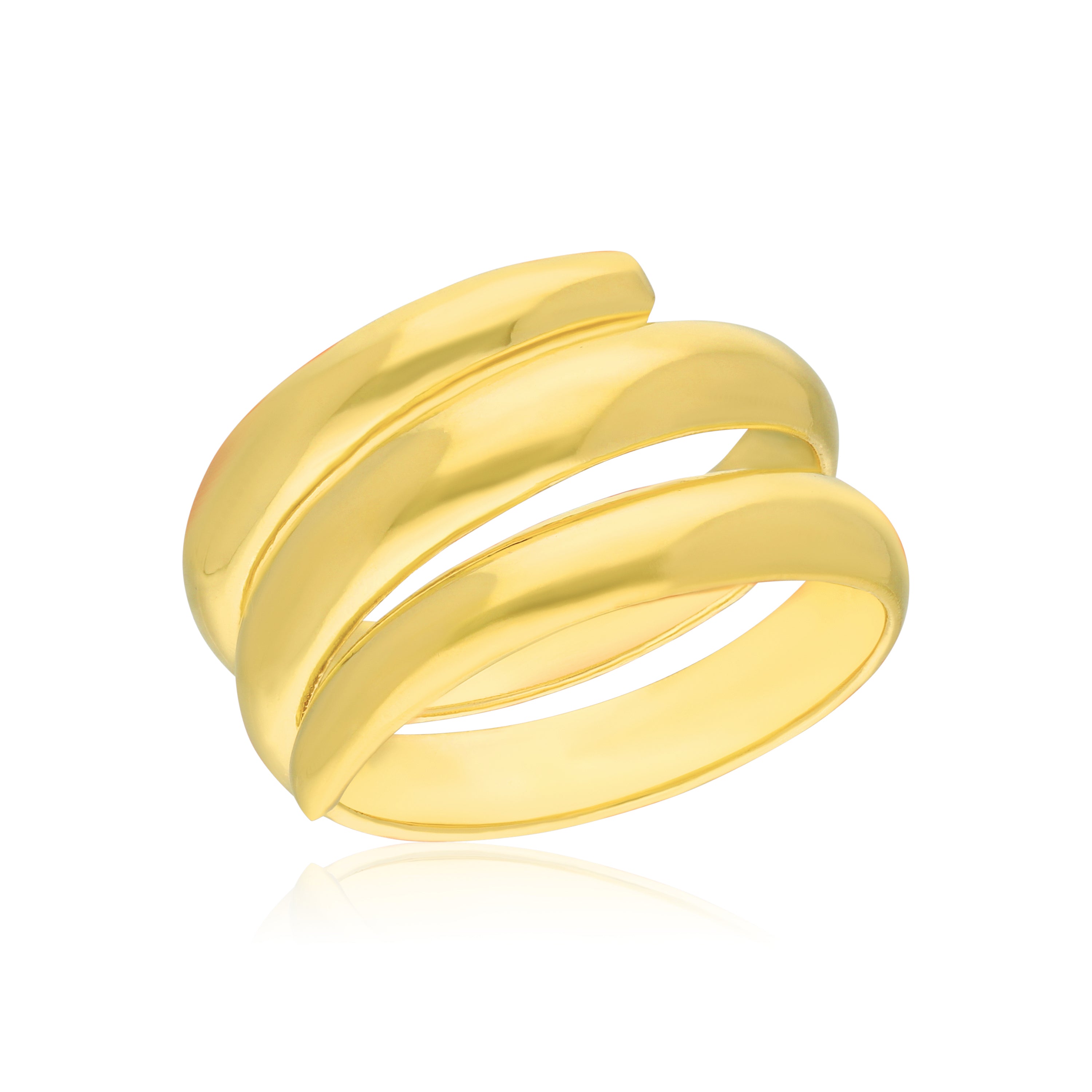 A contemporary gold ring featuring a unique spiral design. The ring has three sleek, smooth bands that elegantly twist around each other, creating a modern and dynamic look. Its polished finish reflects light beautifully, making it a striking statement piece perfect for both casual and formal occasions.