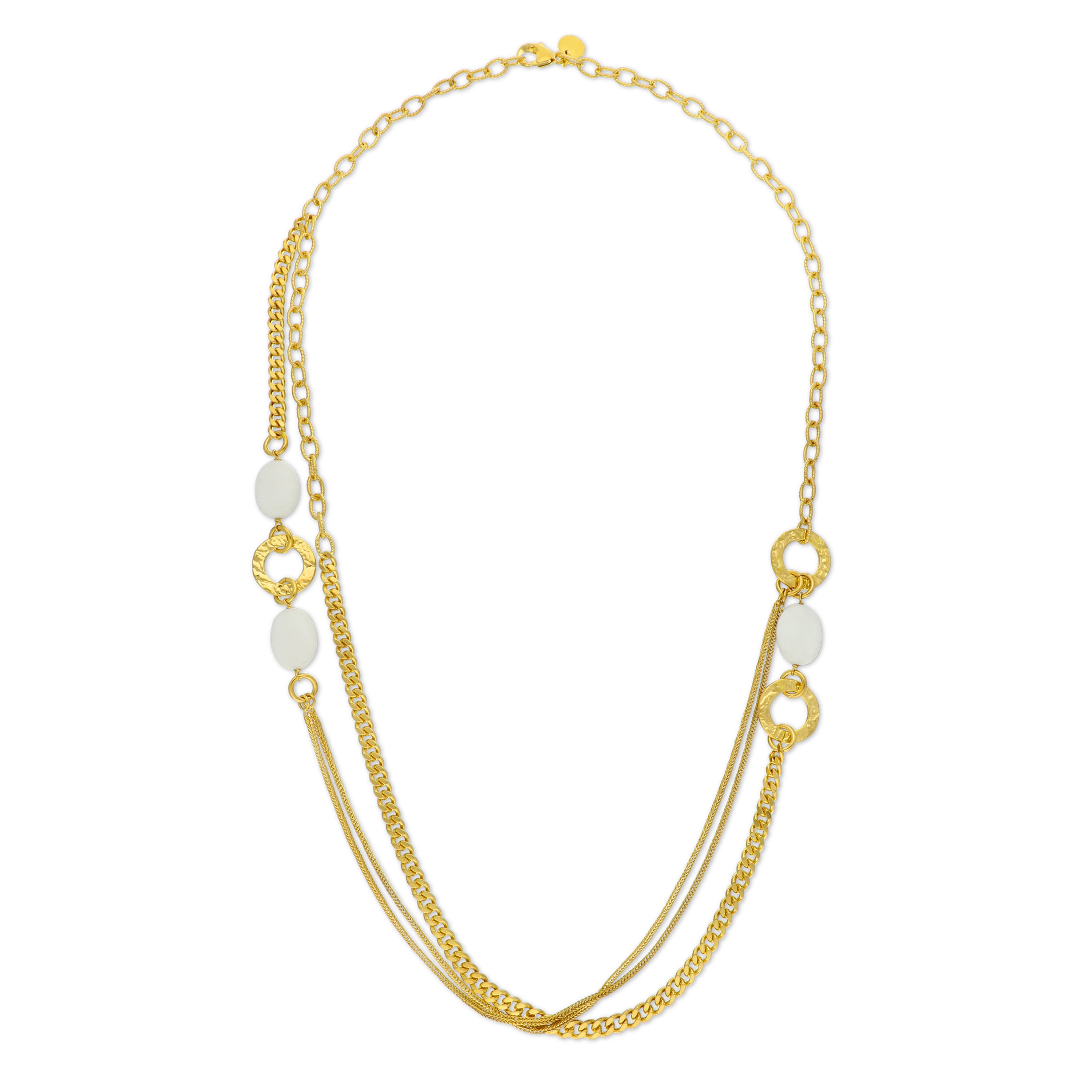 A chic gold necklace featuring multiple strands of delicate chains interspersed with smooth, oval white beads. The design includes circular gold links that add texture and dimension, creating a stylish layering effect. This necklace is perfect for adding a touch of elegance to any outfit.