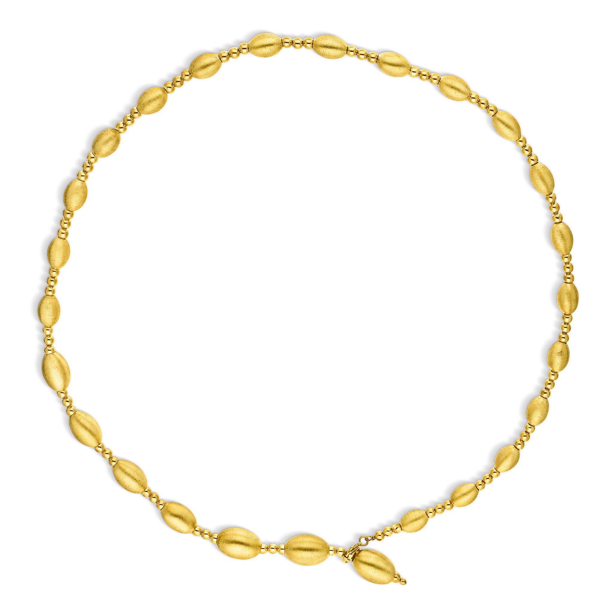 Elegant gold necklace featuring alternating elongated oval-shaped beads and small round beads, showcasing a sophisticated design that enhances any outfit.