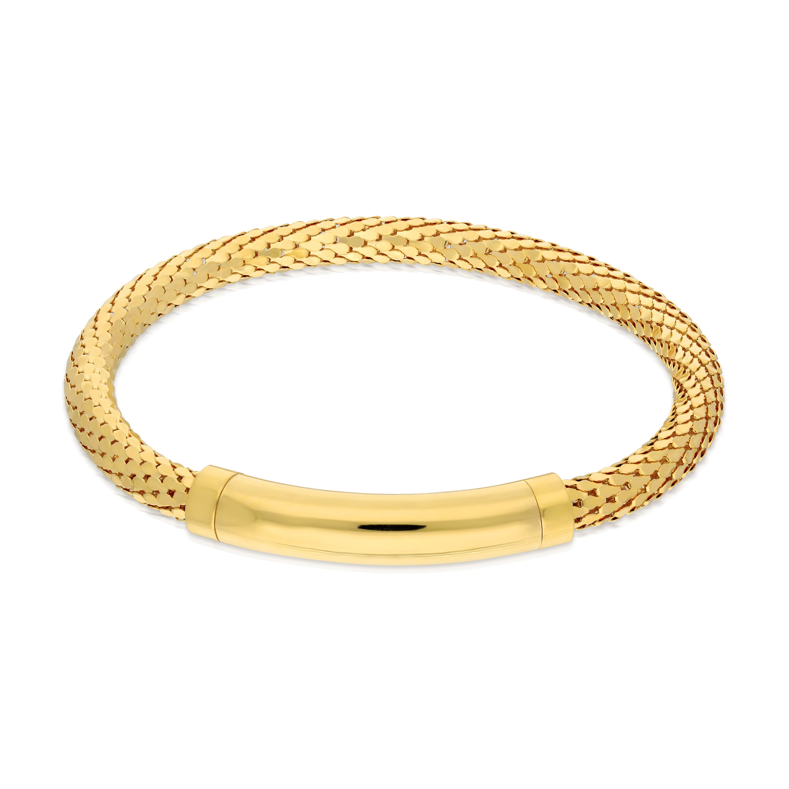A chic gold bracelet featuring a smooth, polished gold tube as the clasp. The intricate pattern adds texture and elegance, making it a stylish accessory suitable for various occasions.