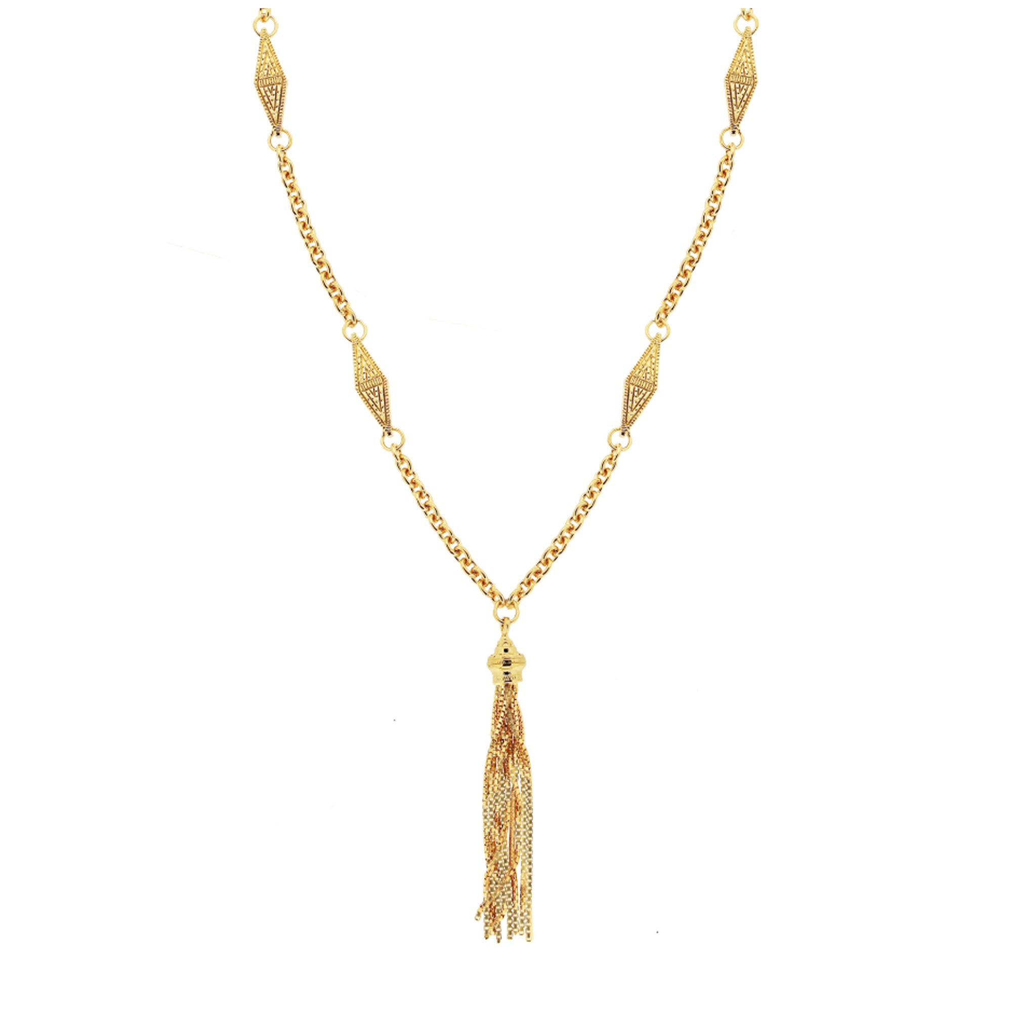 A stylish gold necklace featuring a series of decorative diamond-shaped links leading to a central tassel pendant. The tassel, made up of multiple strands of fine chains, adds movement and elegance to the piece, making it a perfect accessory for both casual and formal outfits.
