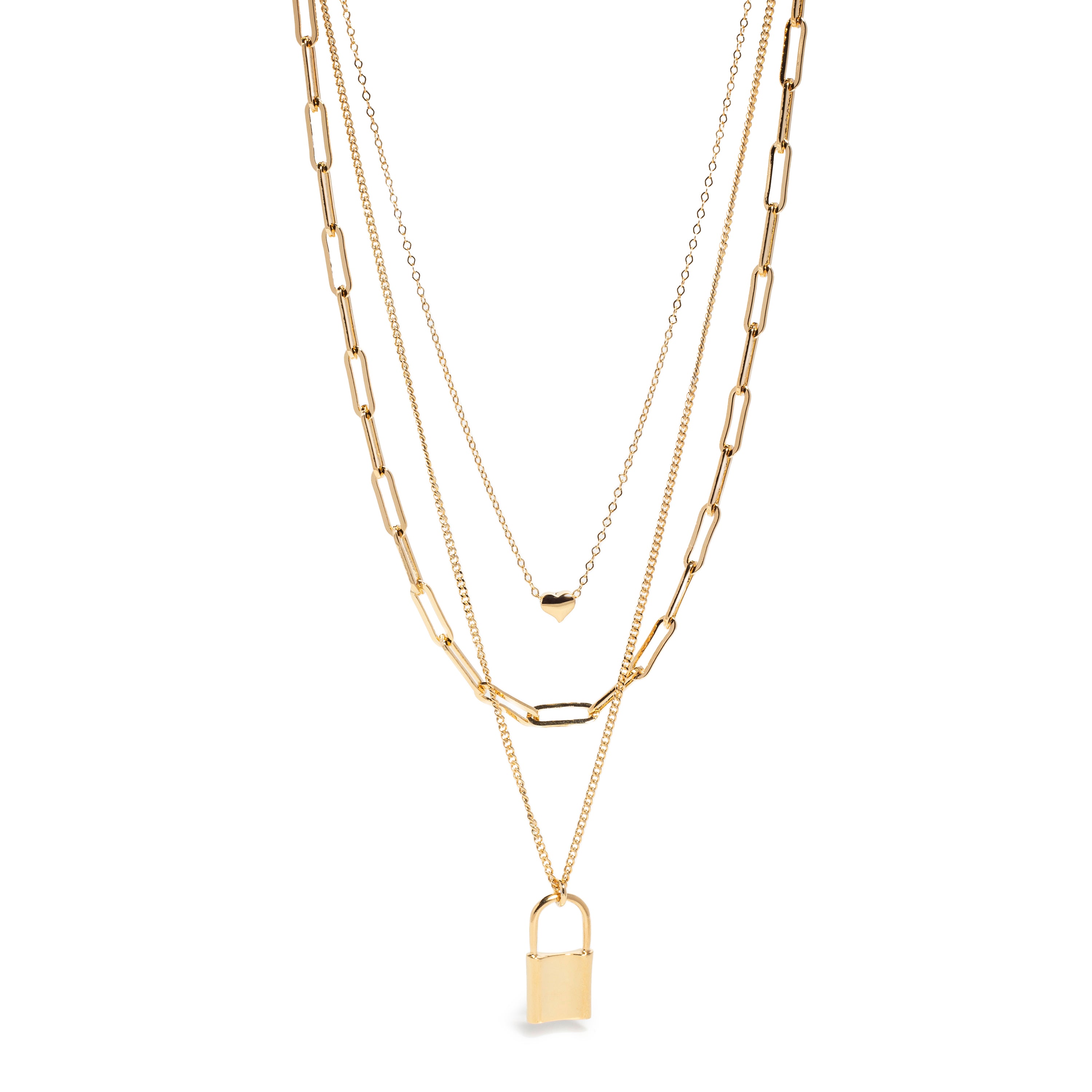 Layered gold necklace with multiple strands, featuring elongated links, a small heart charm, and a padlock pendant.