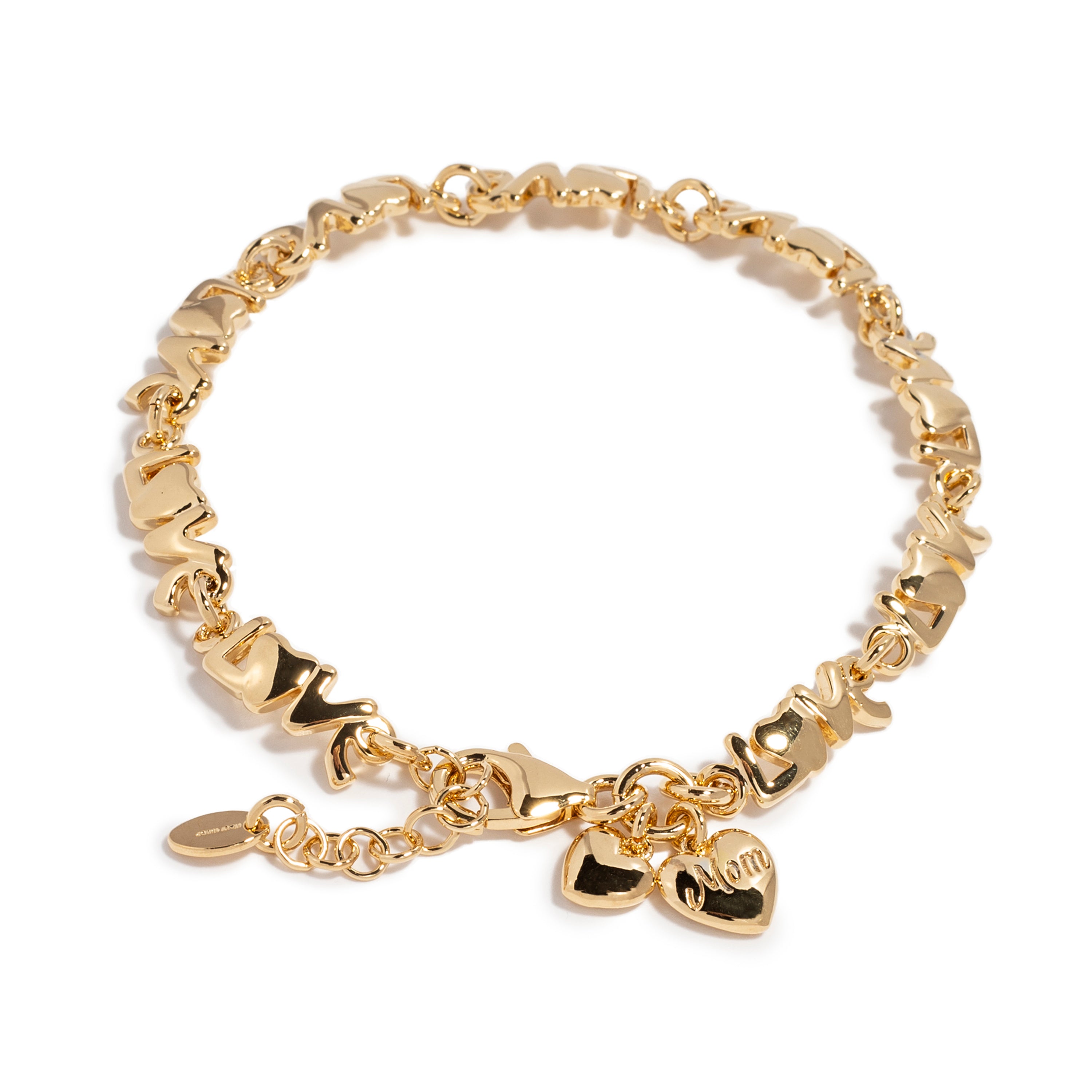 Close-up of a gold bracelet made of sculpted letter charms spelling out 'LOVE,' finished with decorative heart charms and a lobster clasp.