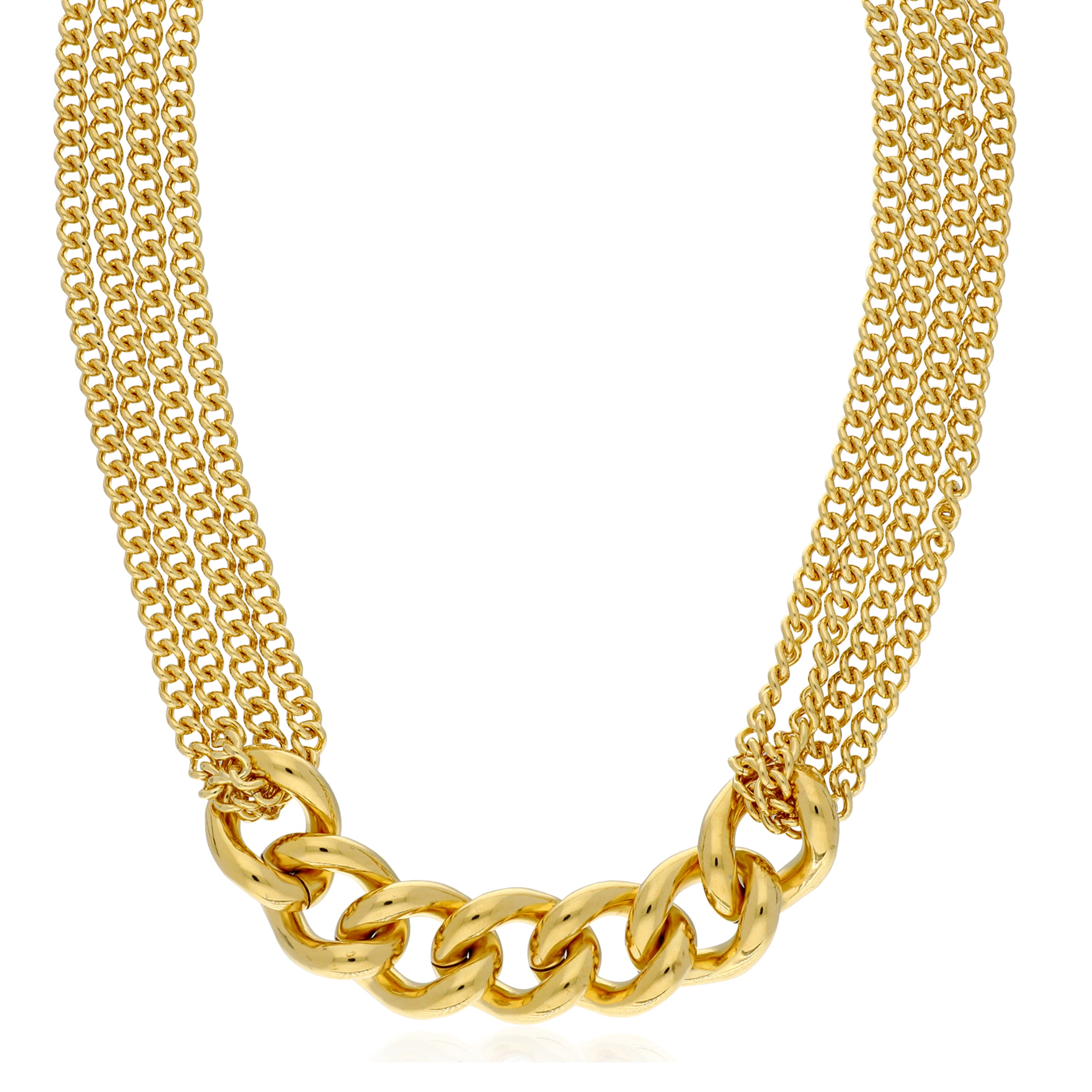 A striking gold necklace featuring a combination of thick, polished chain links and multiple delicate chains. The centerpiece is a bold, chunky chain that adds a modern touch, while the surrounding slender chains provide a layered effect.
