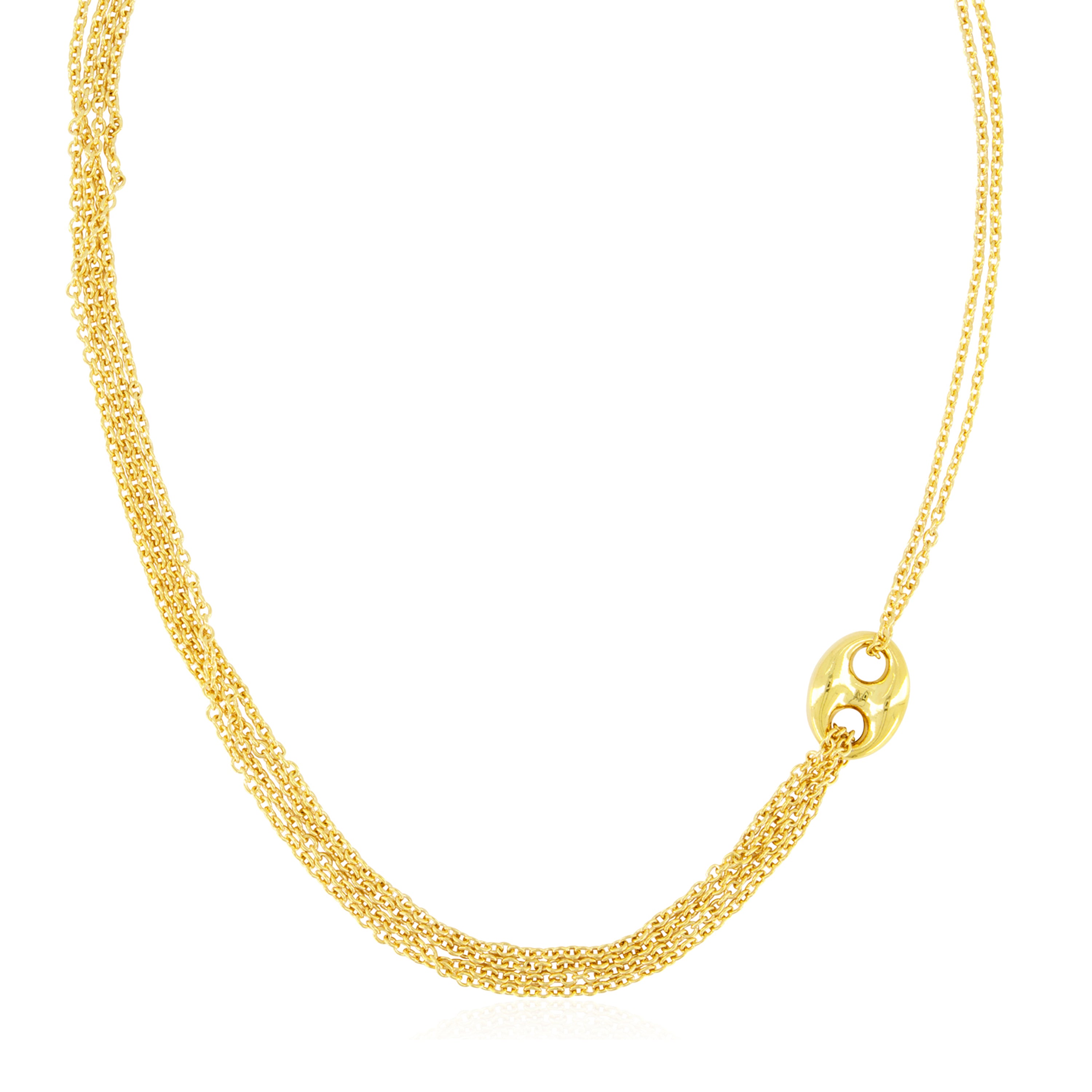 A chic gold necklace featuring multiple delicate chains that elegantly intertwine to create a layered effect. The design includes an eye-catching central link that resembles a circular clasp, enhancing the necklace's sophistication. The lightweight construction and shimmering finish add a touch of elegance, making it a versatile piece suitable for both everyday wear and special occasions. The necklace is secured with a simple clasp, ensuring a comfortable fit around the neck.