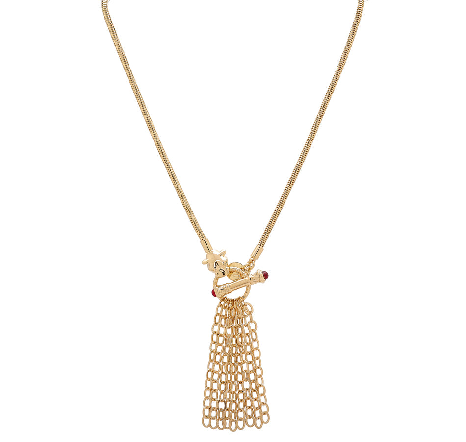 A striking gold necklace featuring a sleek, flexible chain that leads to a uniquely designed pendant. The pendant showcases a combination of decorative elements, including a stylized star and a circular clasp adorned with a red gemstone. Flowing from the clasp is a cascading tassel made of interlinked gold chains, creating an eye-catching and dynamic appearance.