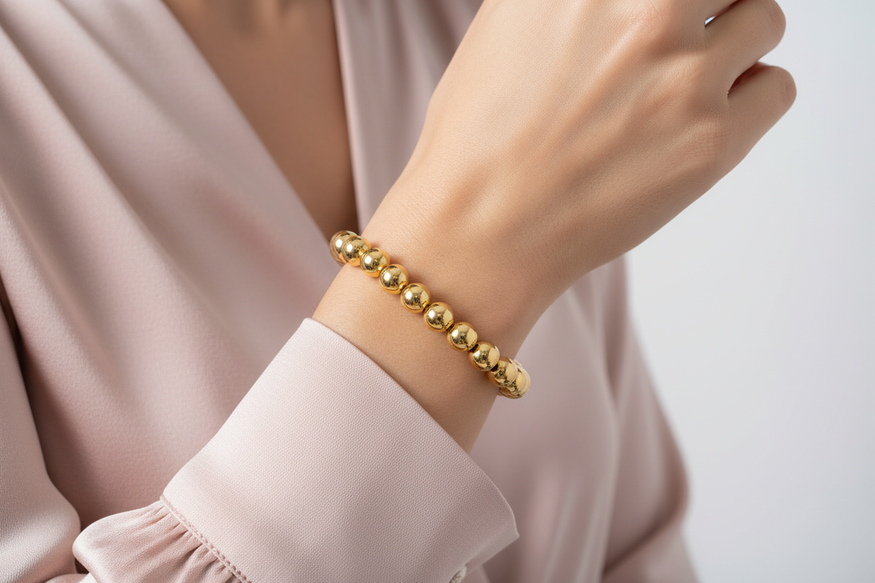 10mm Beaded Bracelet on Model Wearing Pink