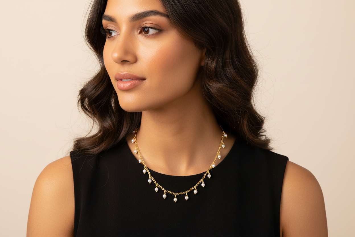 16" necklace with charms on model
