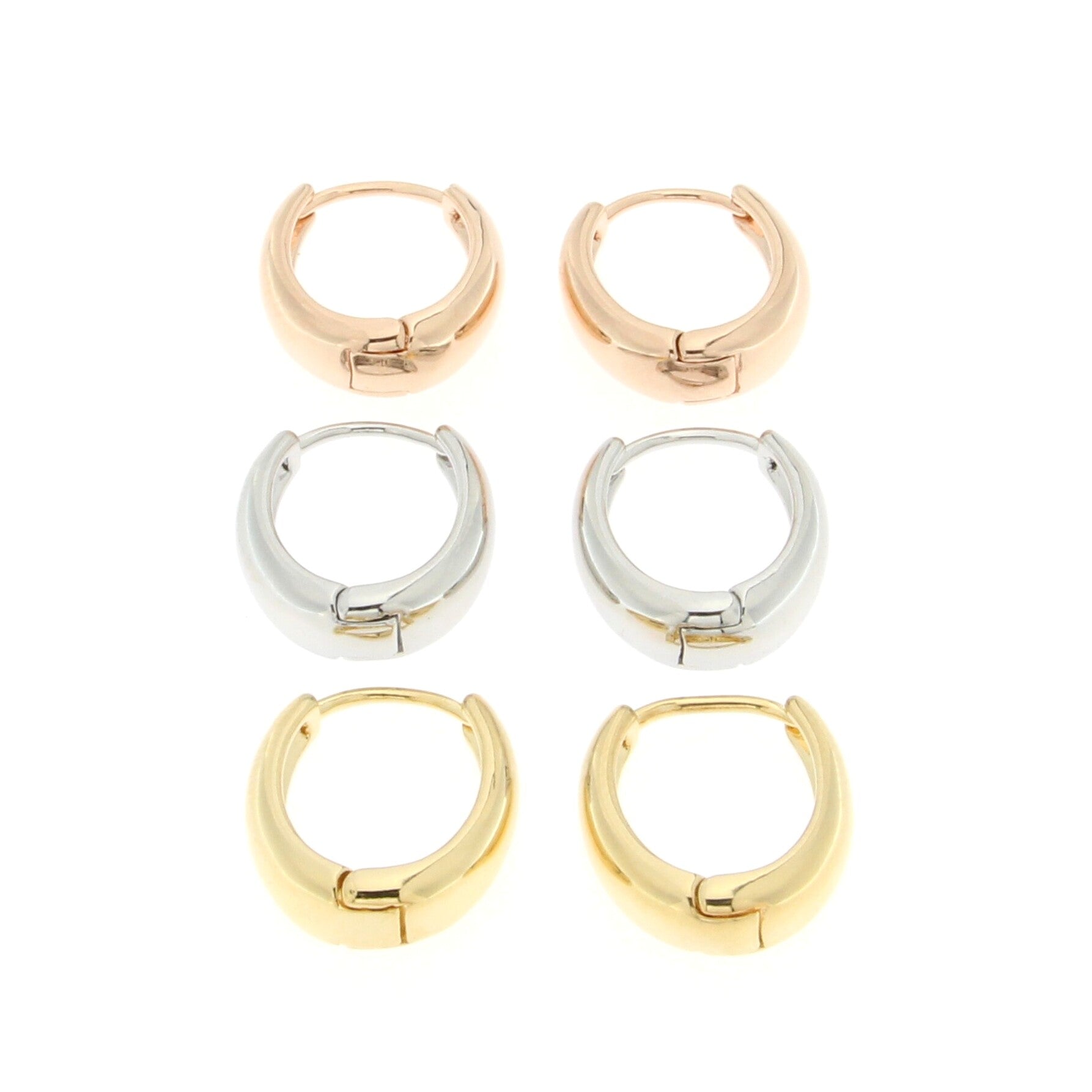 A collection of three pairs of huggie earrings displayed together in a stylish arrangement. The earrings come in three different metallic finishes: polished rose gold at the top, sleek silver in the middle, and radiant yellow gold at the bottom. Each pair features a classic hoop design with a secure closure, making them perfect for everyday wear or special occasions. Their minimalist style allows them to complement any outfit, adding a touch of elegance and versatility.