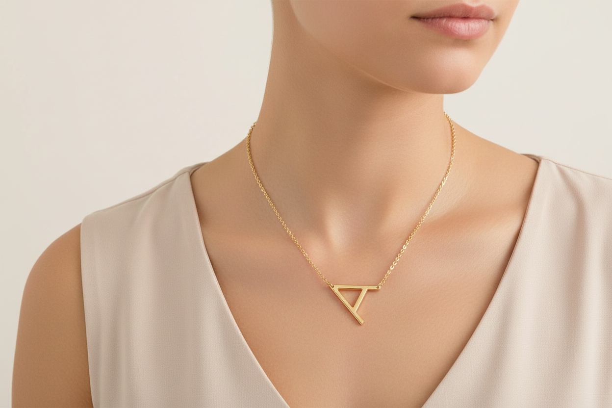 18 inch Off Set Initial Necklace on Model