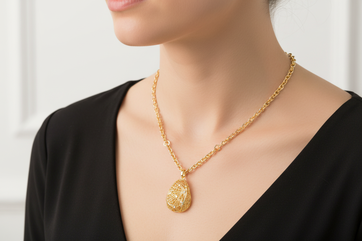 18 inch Rolo Necklace with Tear Drop Filigree Pendant on Model