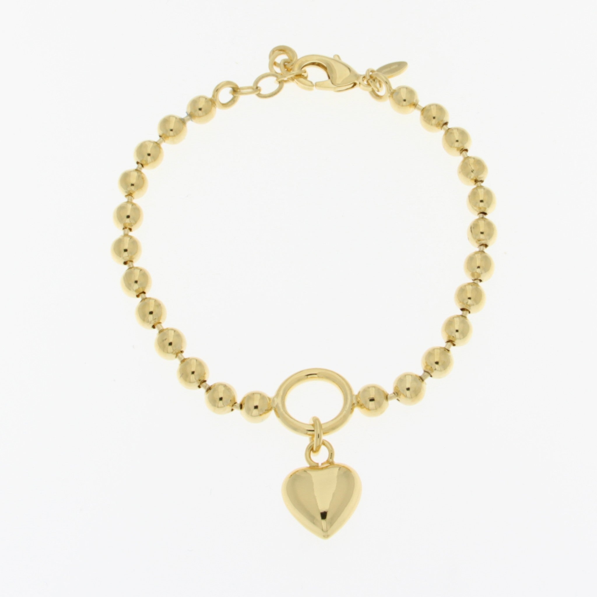 18K Gold Plated Puffed Heart Charm Bracelet on 4mm Bead Chain 7.25" + 1"
