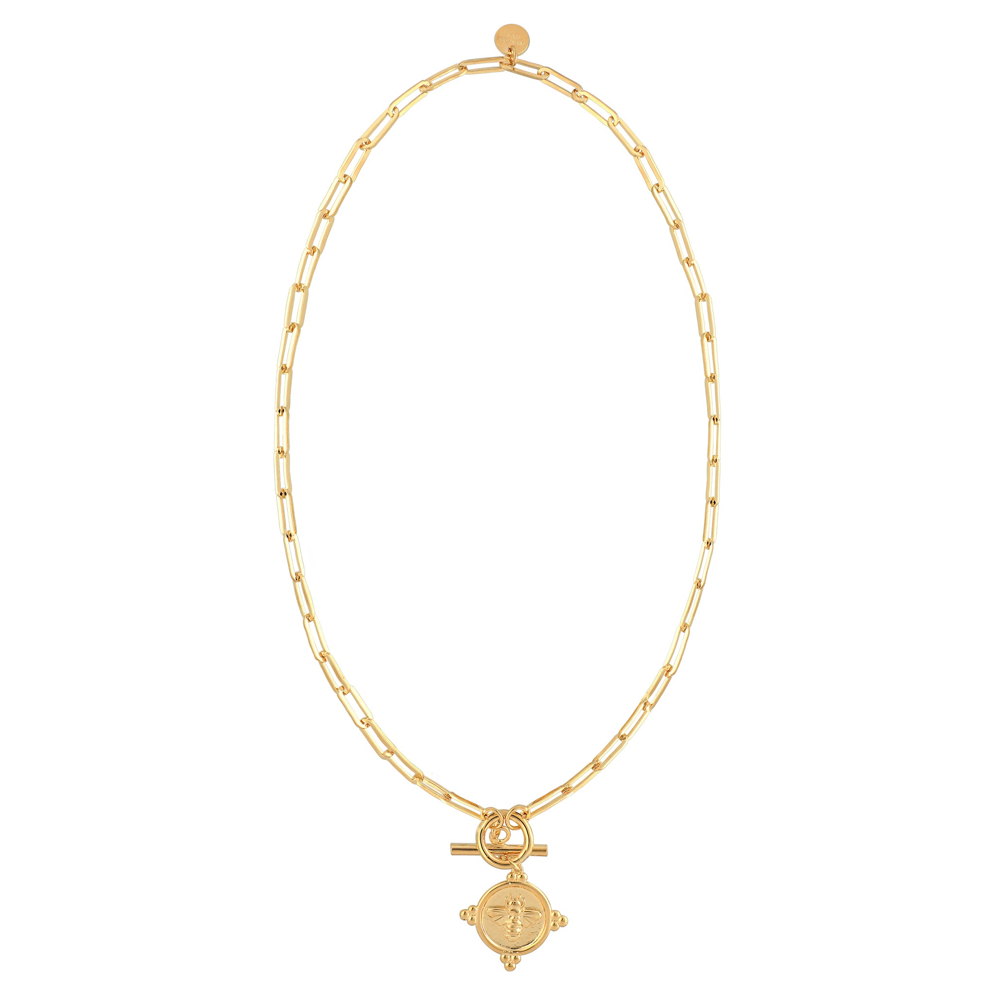 Elegant gold necklace with a delicate link chain and a central charm resembling a coin or medallion, secured with a toggle clasp, offering a modern and sophisticated look.