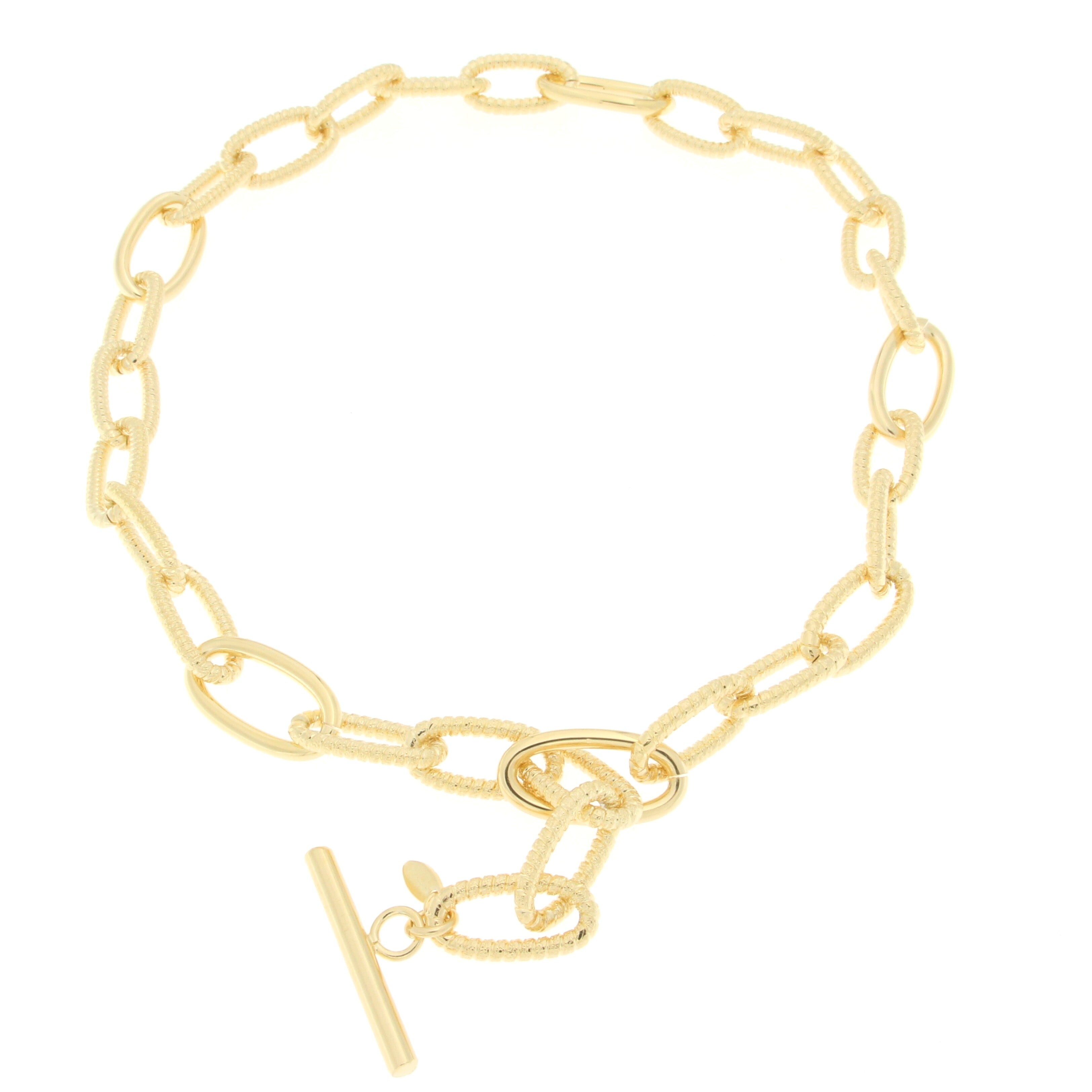 18"Textured Oval Link Necklace With Polished Link Station Toggle